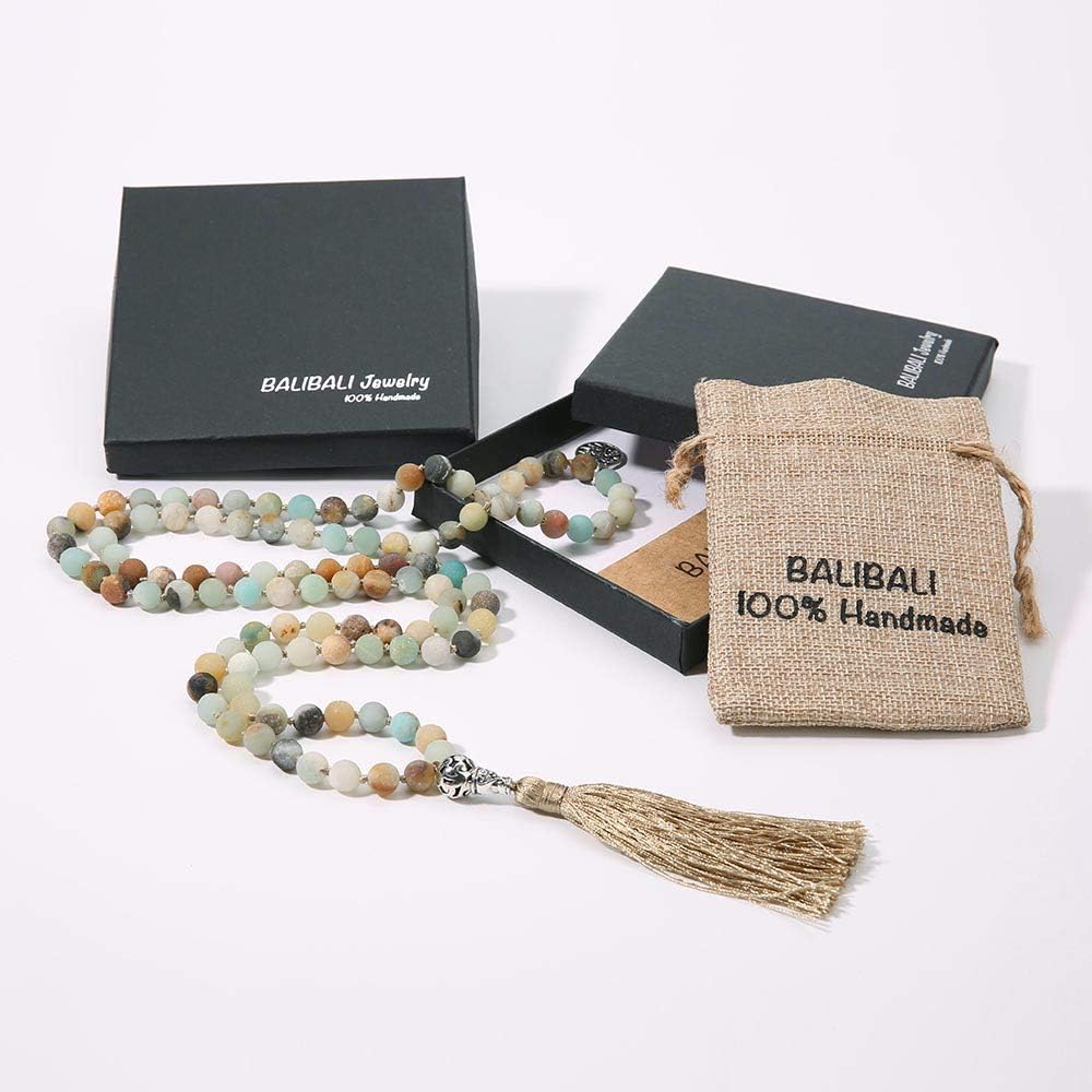 108 Mala Beads Necklace Semi-Precious Gem Stones Meditation Necklace 108 Hand Knotted Japa Mala Beaded Tassel Necklace with Tree of Life Pendant - Image 6