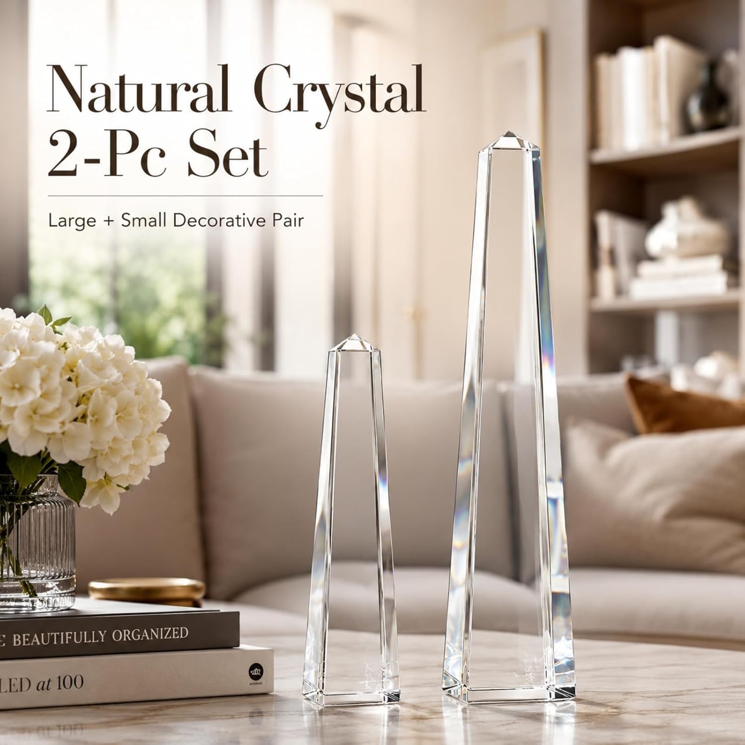 Novabright Crystal Obelisk Towers - 2 Pcs 9.25 Inch & 6.18 Inch Optical Crystal Decoration Set, Ideal for Farmhouse, Modern, and Home Decor for Mantel, Vanity, Side Table, Shelf, and Office Styling - Image 2