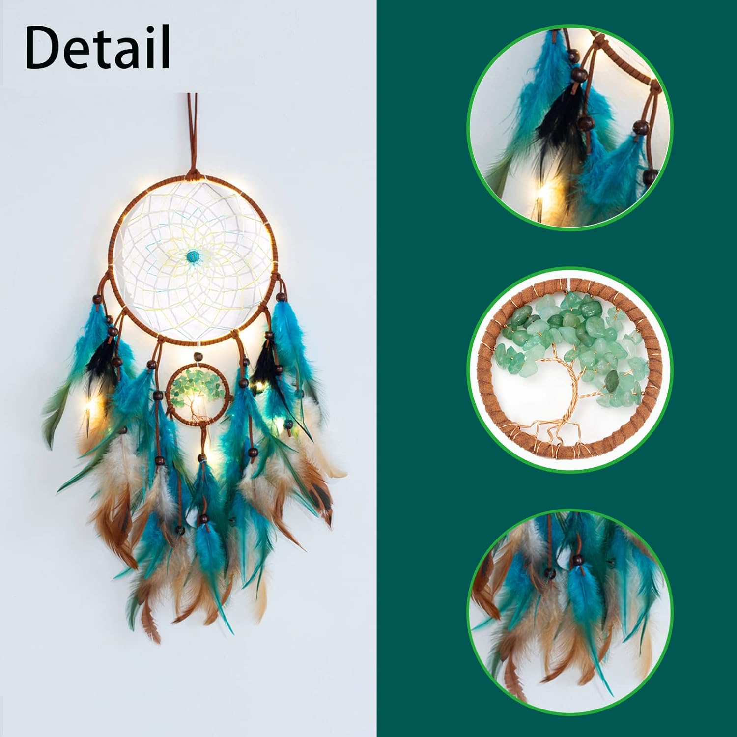 Dream Catcher Blue Tree of Life with Feathers, Mobile LED Fairy Lights Handmade Indians Traditional Circular Net for Wall Hanging Decor, Bedroom Kids, Home Decoration Wedding Party Blessing Gift - Image 2