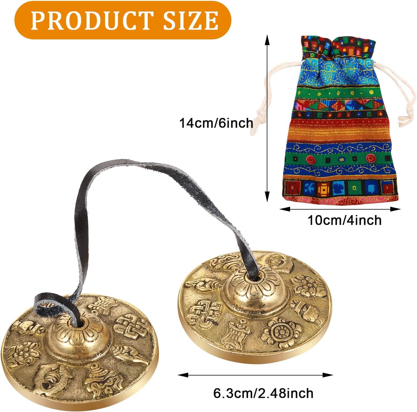 Boao Tibetan Bells Tingsha Cymbals Meditation Chime Bells with Tibetan Drawstring Cloth Bag, 6.3 cm Yoga Finger Meditation Chime for Percussion Instrument(8 Lucky Symbols Embossed) - Image 2