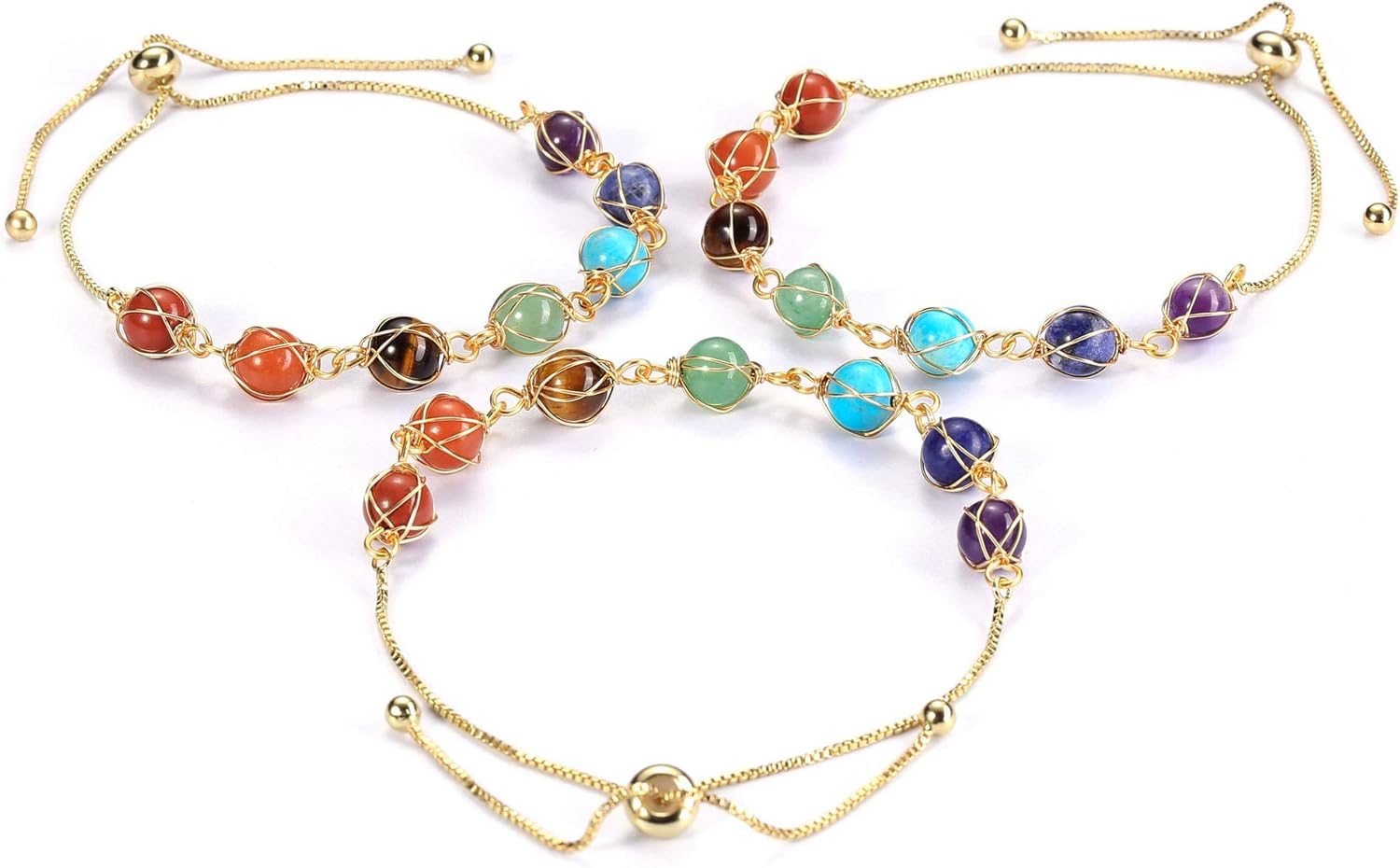 Jovivi 7 Chakra Stones Bracelets for Women Adjustable 14K Gold Wire Wrapped 8mm Natural Round Gemstone Beads Reiki Healing Crystal Ankle Bracelet Yoga Energy Jewelry - Image 4