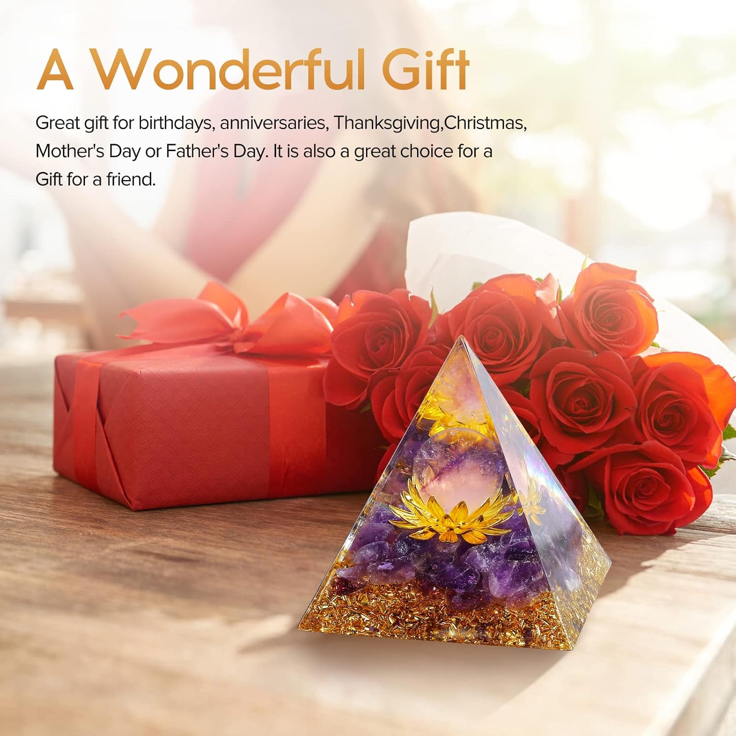 Hopeseed Orgone Crystal Pyramid for Positive Energy, Flower of Life Orgonite Amethyst Healing Crystals Pyramid for Reduce Stress Chakra Healing Meditation Attract Lucky, with 2 White Crystals Stones - Image 6