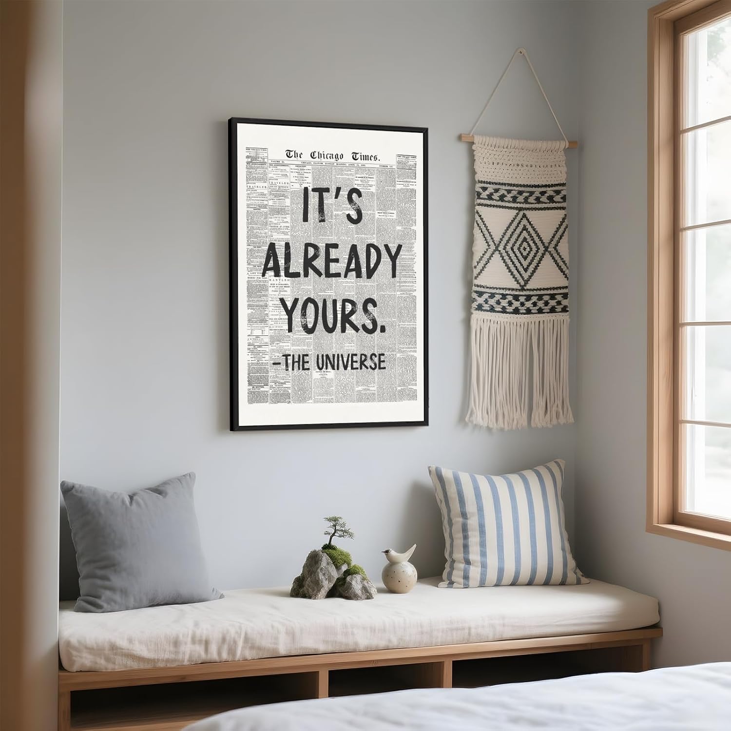 Framed Black And White Retro Newspaper Wall Art ItS Already Yours Universe Quote Poster Trendy Positive Inspirational Wall Decor for Bedroom Office Apartment Dorm Affirmation Canvas Print 8x12inch - Image 6