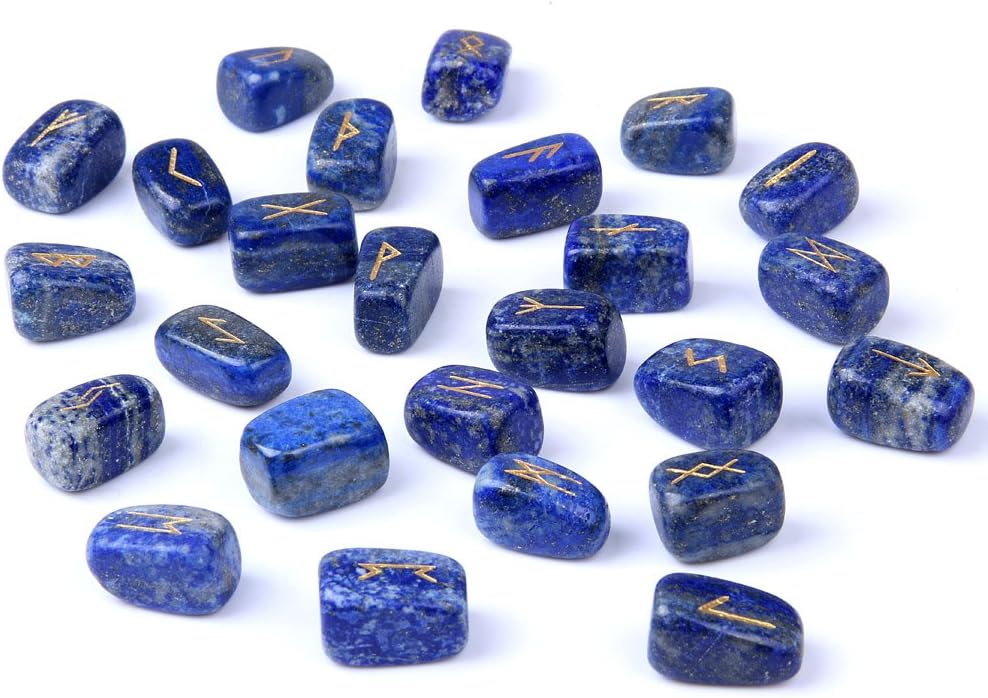 TGS Gems RN001 Lapis Lazuli Rune Stones Set Engraved Pagan Lettering with Instruction Booklet and Velvet Pouch - Image 5