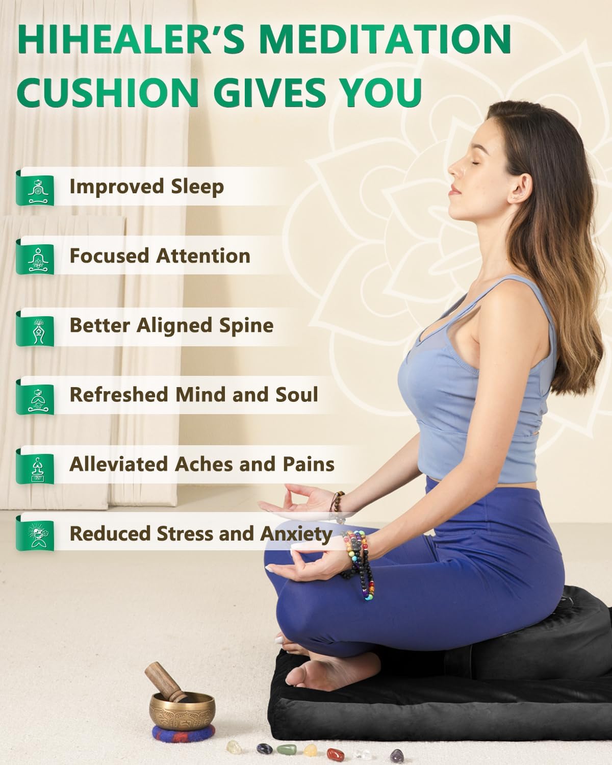 Hihealer Meditation Cushion Set Large Velvet Floor Pillow & Traditional Tibetan Yoga Bolster for Adults Zafu Meditation Mat with Buckwheat Filling (Black) - Image 5