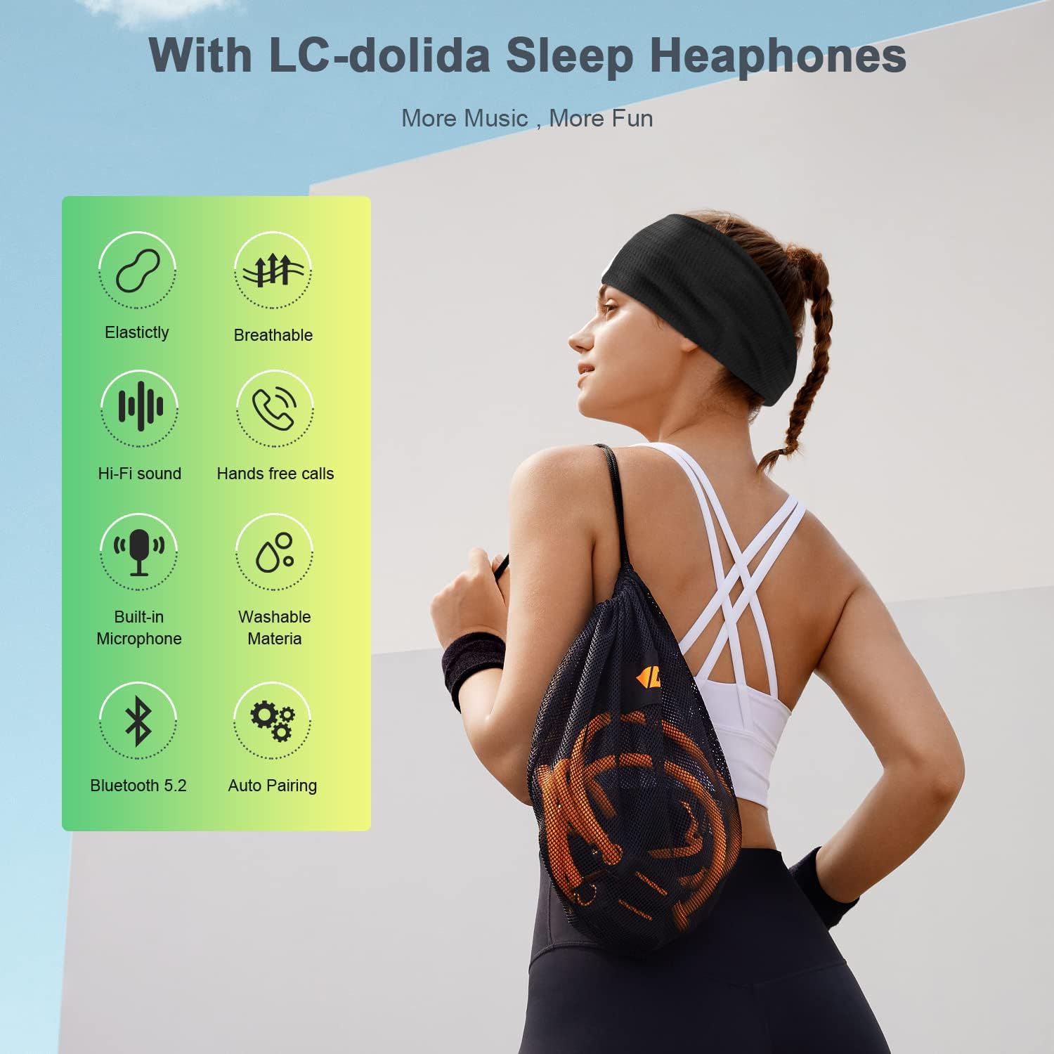 LC-dolida Sleep Headphones Headband Bluetooth 5.4, Headband Earphones Wireless with USB C Charge Port, Sleep Mask for Sleeping, Sports, Gifts, Workout, Jogging, Yoga, Insomnia, Air Travel, Meditation - Image 2