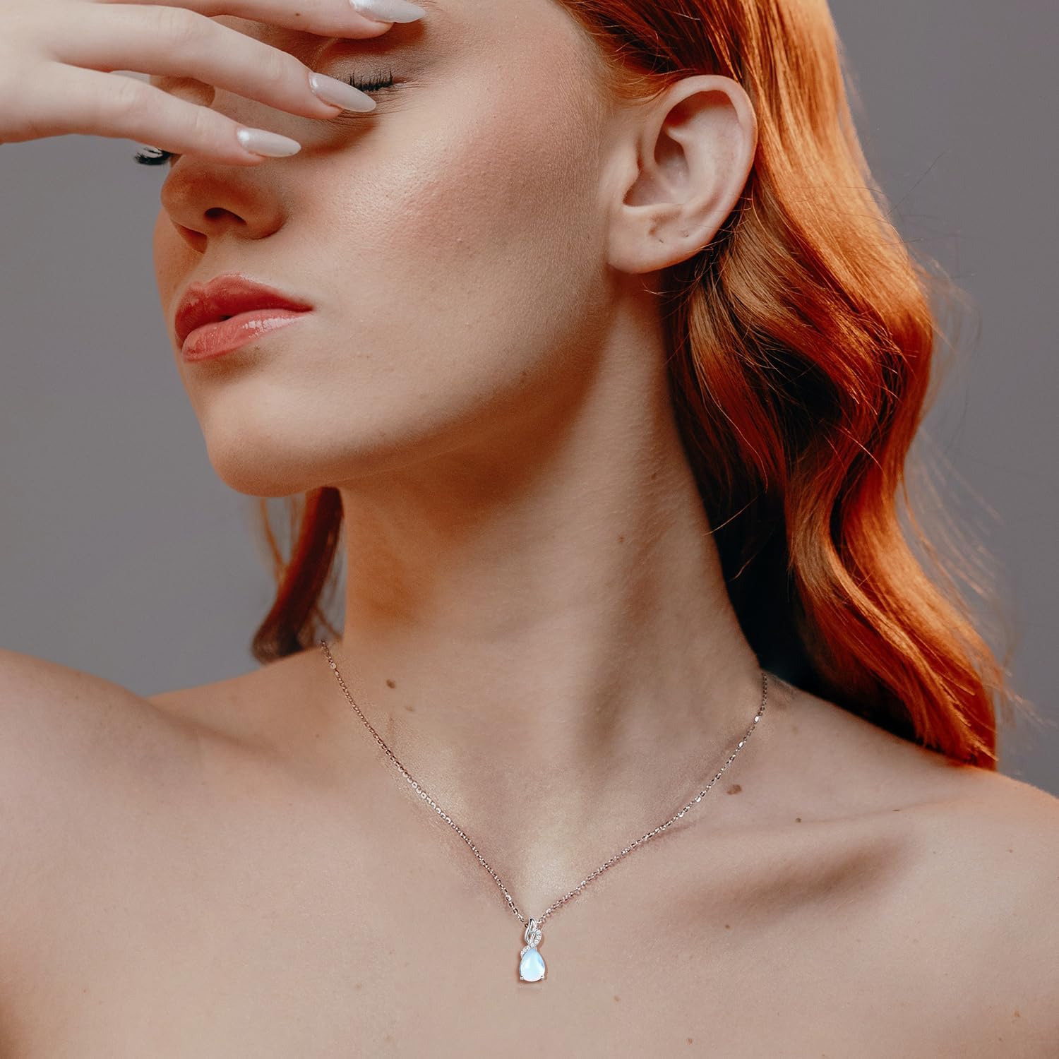FANCIME 14K Solid White Gold Teardrop Pendant with Diamond Birthstone Necklace - Image 2