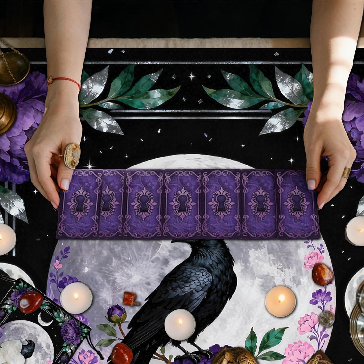 GLOBLELAND Crow Moon Tarot Cloth with Tarot Card Storage Bag Purple Peony Flower Square Velvet Tarots Tablecloth for Divination Wiccan Witchcraft Supplies Tool - Image 6