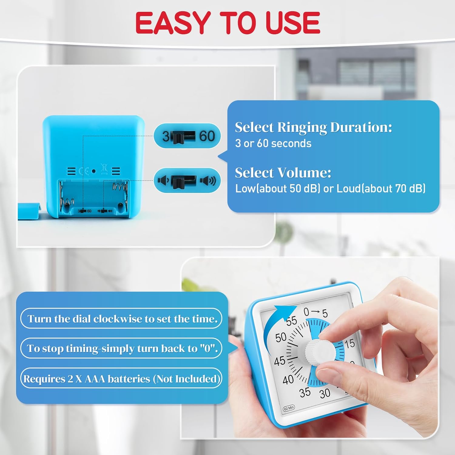 Secura 60-Minute Visual Timer, Classroom Timer, Countdown Timer for Kids and Adults, Time Management Tool for Teaching (Blue & Blue) - Image 2