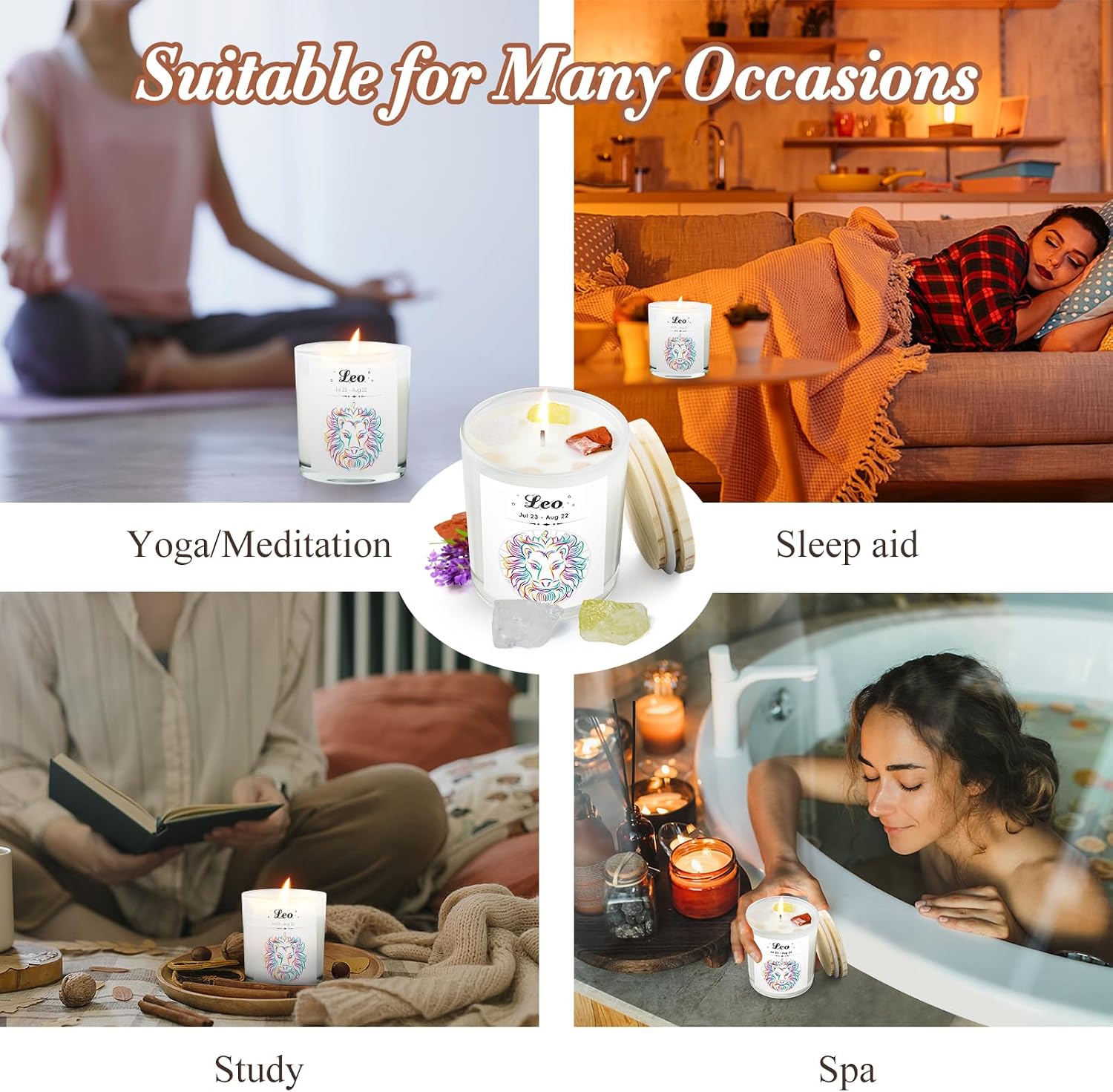 Leo Gifts for Women, Zodiac Leo Candle with Healing Crystals, Astrology Birthday Gifts for Womenr, Mom, Sister, Friends, Meditation, Yoga, Relaxation (7oz) - Image 6