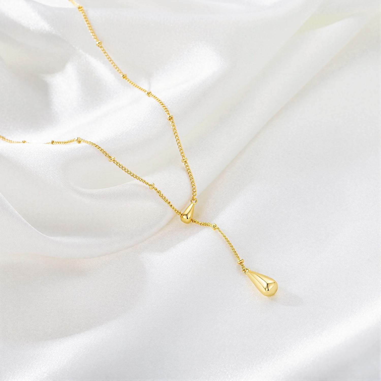 M MOOHAM Gold Necklace for Women Non Tarnish - Dainty 14K Gold Plated Beaded Chain Small Pendant Necklaces Simple Pearl Circle Beads Teardrop Pendant Necklace for Women Trendy Jewelry Gifts - Image 7