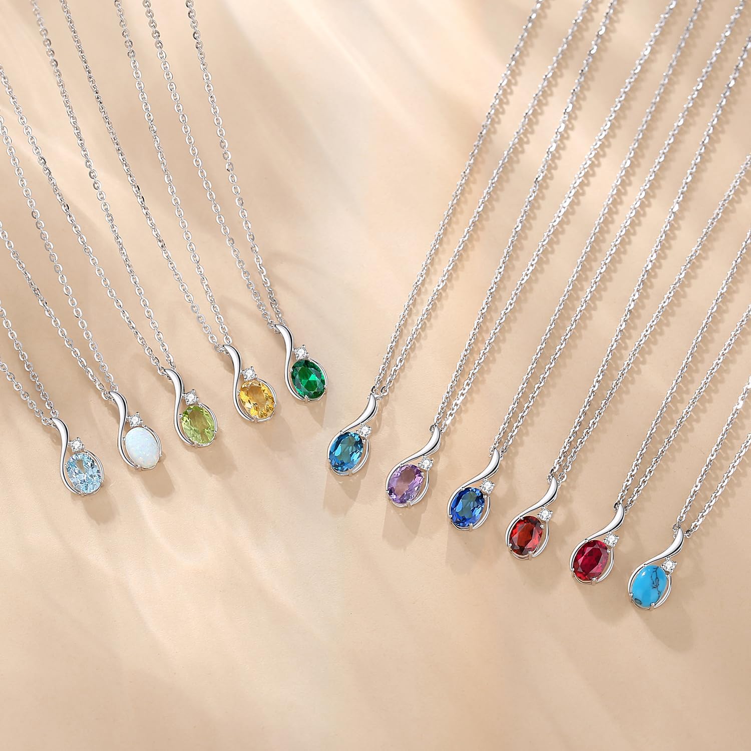 FANCIME 14K Solid White Gold Oval Gemstone Necklace with Diamond Pendant Gifts for Mom Women,16"+2" Inches - Image 6