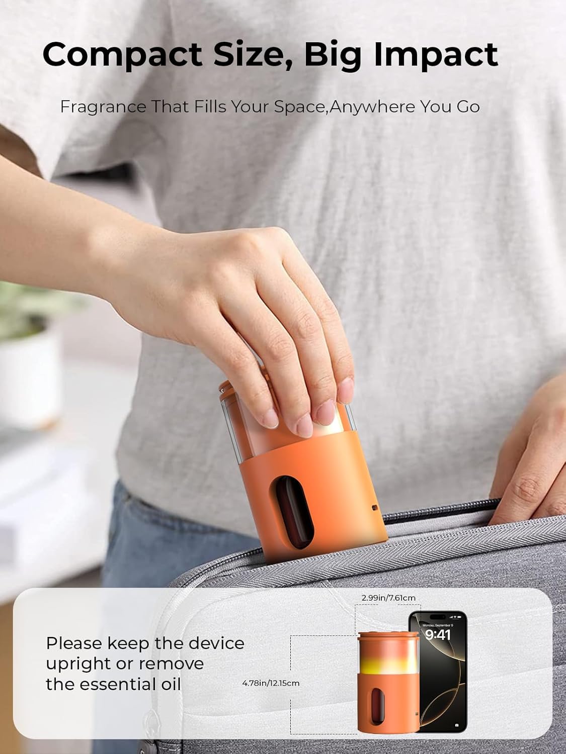 Waterless Essential Oil Diffuser: 𝟗 𝐂𝐨𝐥𝐨𝐫𝐬 𝐋𝐄𝐃 Scent Diffuser for Home&Car&Office - Portable Diffuser with 48H Battery, 4 Timers & 3 Mist Levels, Bright Orange - Image 6