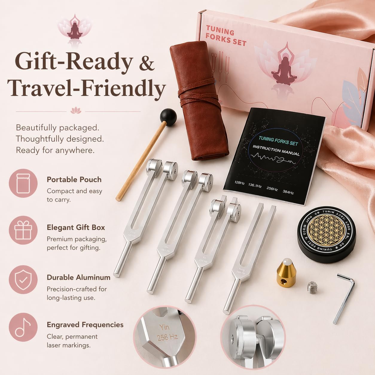 Tuning Forks for Healing Set with Step-by-Step Beginner Guide, 4 PCS | 128Hz 136.1Hz OM 256Hz 384Hz aluminum sound therapy kit, meditation, yoga, reiki - mallet, activator & storage pouch - Image 7
