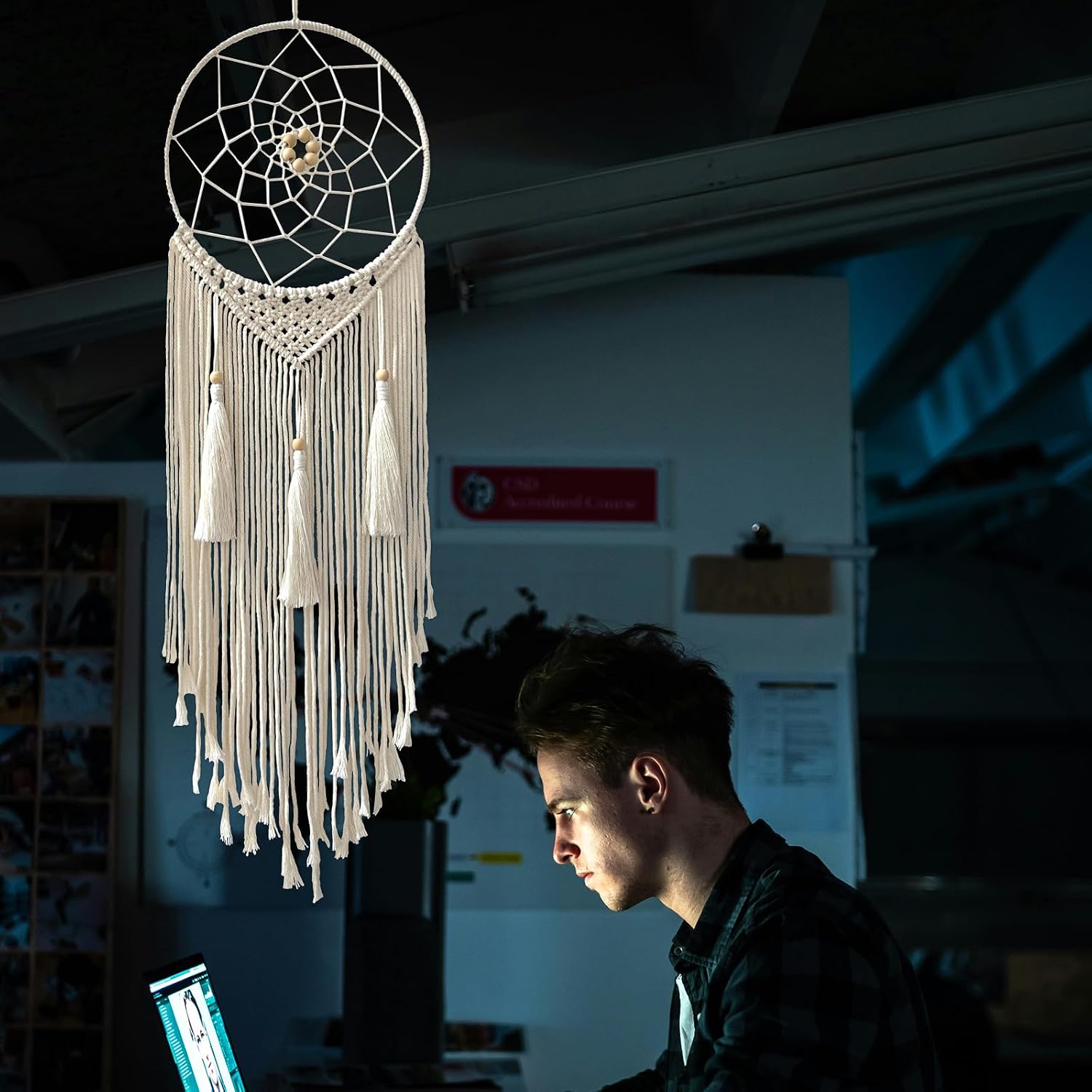 Dream Catcher Macrame Wall Hanging, Boho Decorations for Bedroom Living Room Wedding Party Home Decor, 14" Inner Dia, with 5.9ft Cotton Rope (Medium, Solid) - Image 4