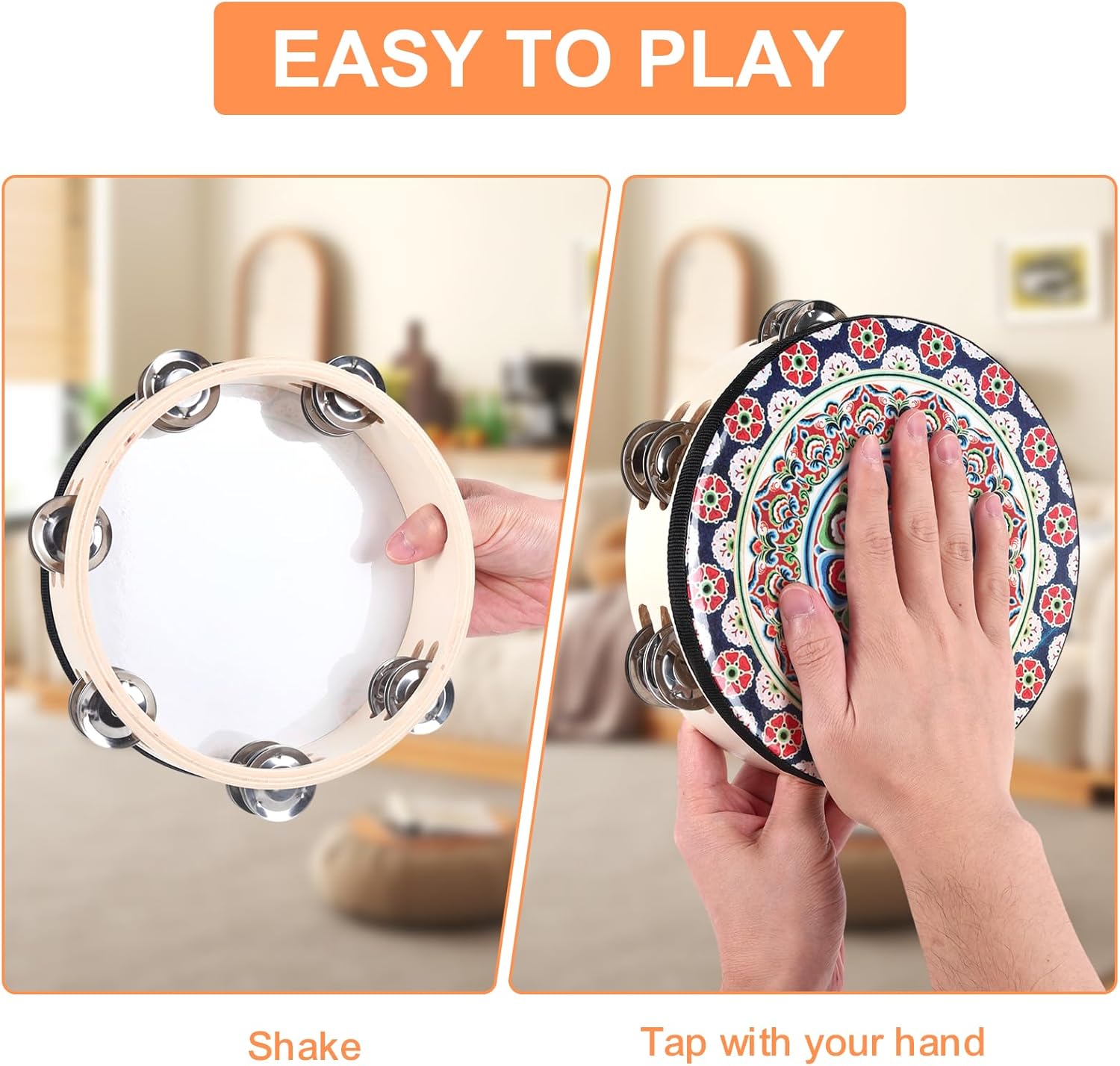 Tambourines Musical Instrument Handheld Drum: Tambourines for Adults Church 8 Inch Double Row Metal Jingles - Percussion Wooden Tambourine for Dance Wedding Party (8 inch) - Image 3