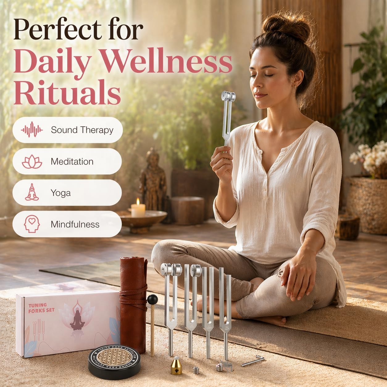 Tuning Forks for Healing Set with Step-by-Step Beginner Guide, 4 PCS | 128Hz 136.1Hz OM 256Hz 384Hz aluminum sound therapy kit, meditation, yoga, reiki - mallet, activator & storage pouch - Image 4