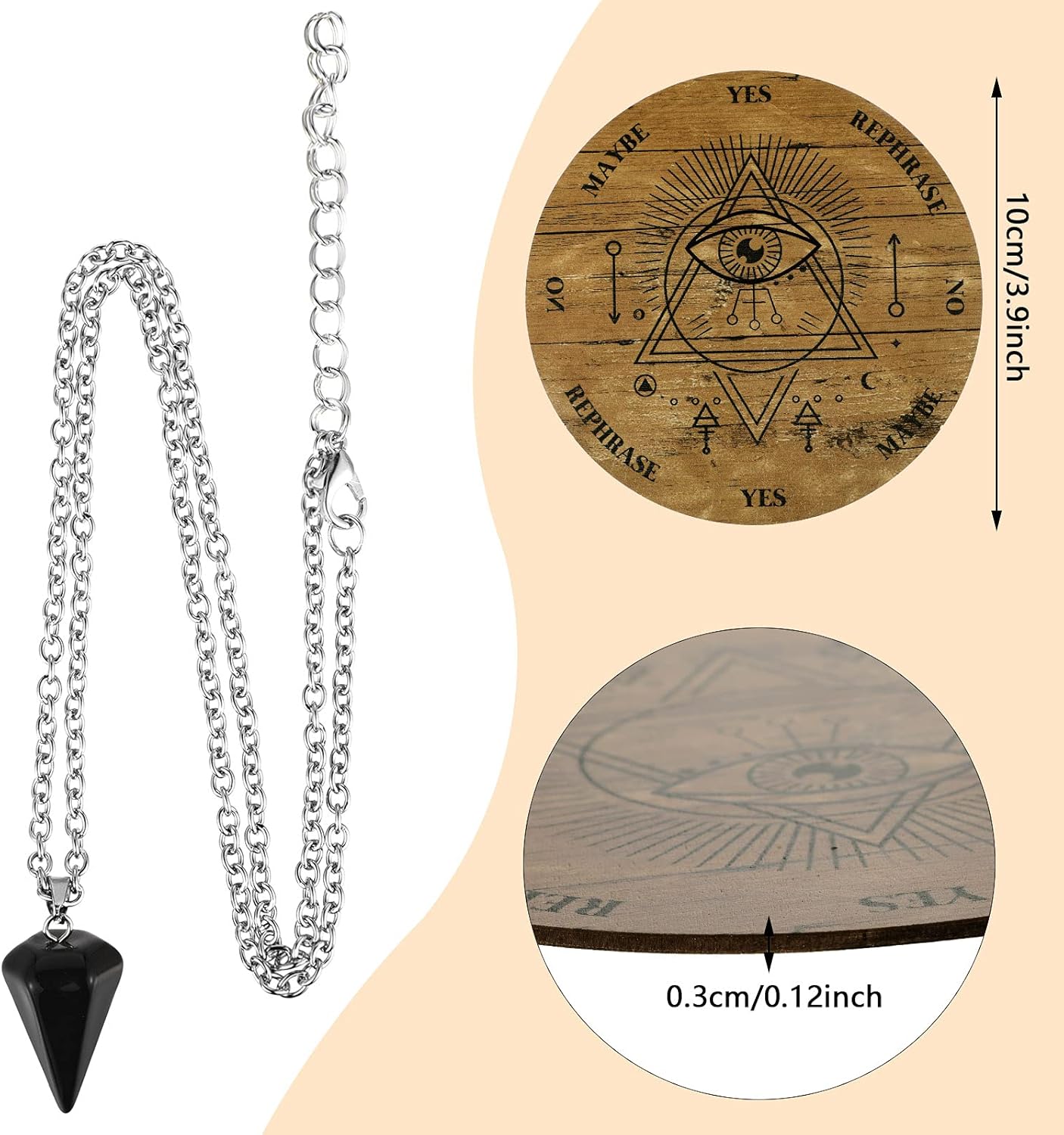 Jetec Pendulum Board Set Wooden Dowsing Divination Board Metaphysical Message with Crystal Divinity Pendulum Necklace for Witchcraft Wiccan Wand Altar Supplies, 3.9 Inch(Wood Color) - Image 2