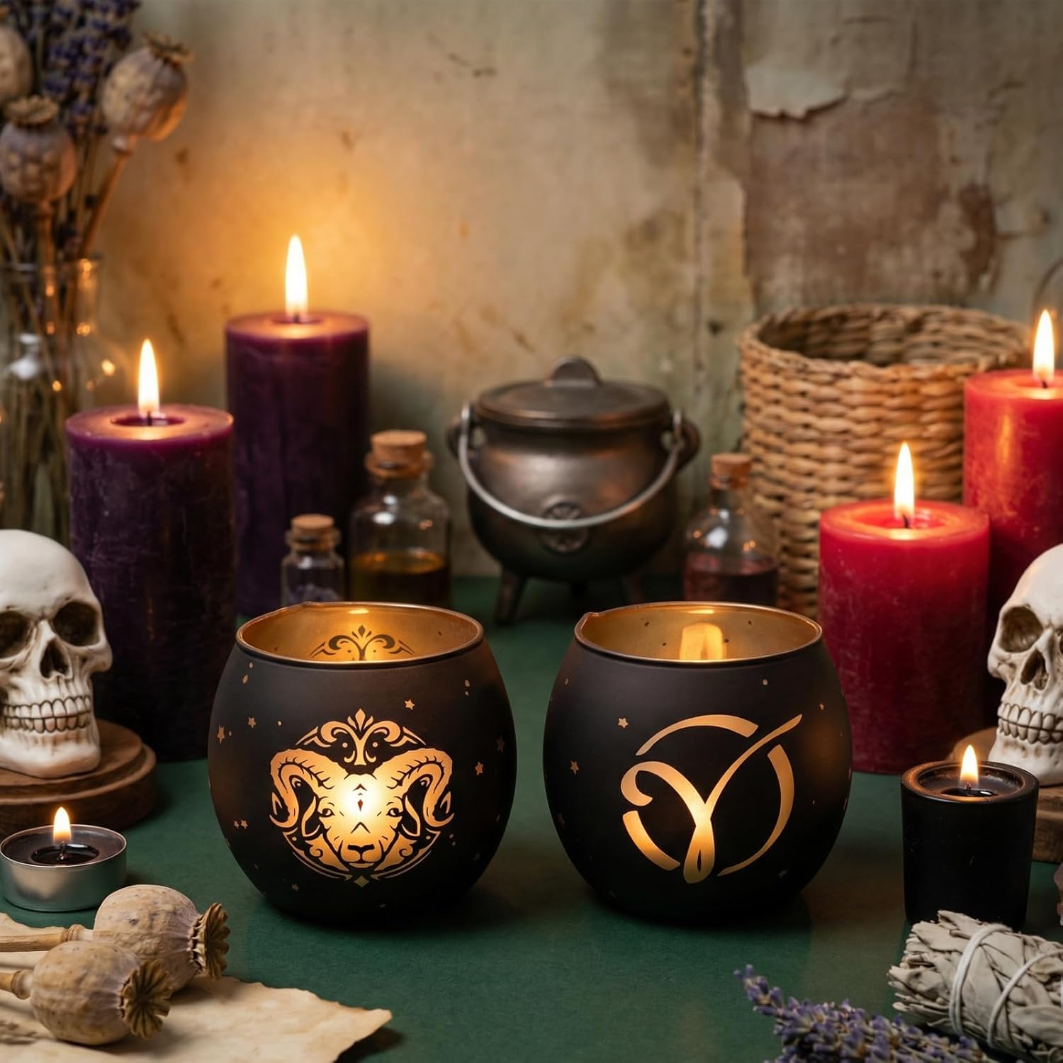 Aries Gifts for Women Men - Zodiac Candle Holder Set of 2, Laser Engraved Glass Tealight Candle Holder for Astrology Decor, Votive Candle Holder for Constellation Birthday Gifts, Black & Gold - Image 4