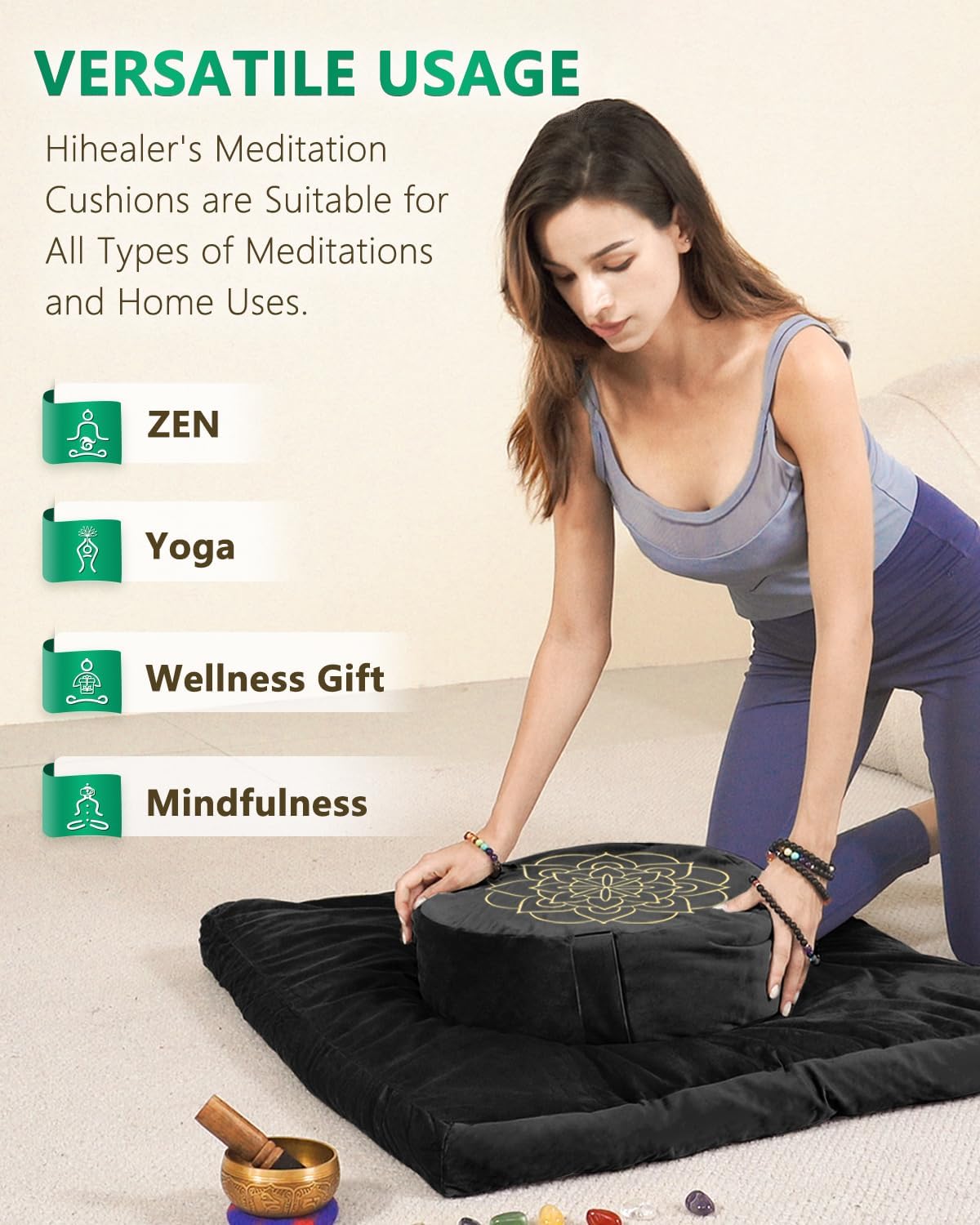 Hihealer Meditation Cushion Set Large Velvet Floor Pillow & Traditional Tibetan Yoga Bolster for Adults Zafu Meditation Mat with Buckwheat Filling (Black) - Image 4