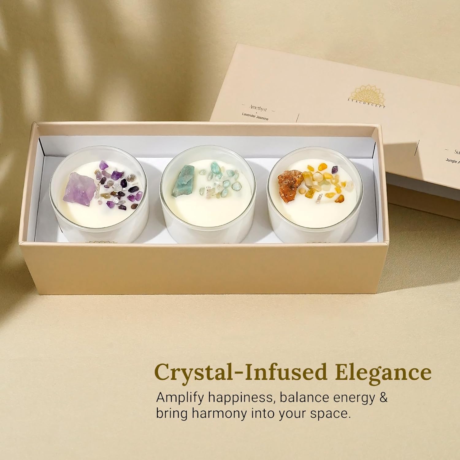 AvaConcept Healing Crystal Candle Gift Set – Set of 3 Amethyst, Amazonite & Sunstone Hand-Poured Soy Wax Lavender Jasmine, Coastal Breeze & Jungle Attachment Aromatherapy 3.5oz Each | Premium Gift Box - Image 3