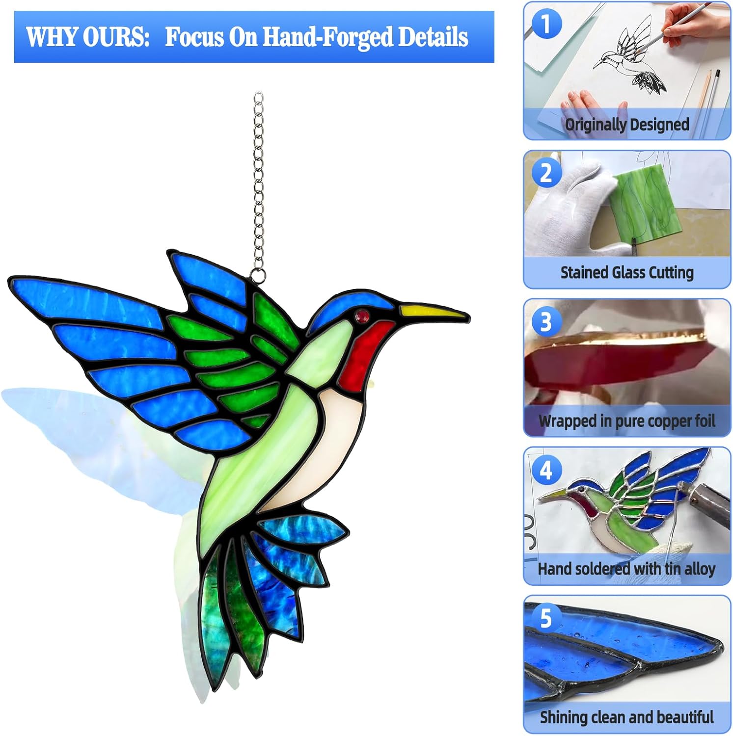 2 Packs Hummingbird Stained Glass Window Hanging Suncatchers - 6 Inch Handmade Real Glass with Copper Foil Edges, Bird Safe Gifts for Women Mom Grandma Bird Lovers(Suction Hooks Included) - Image 3