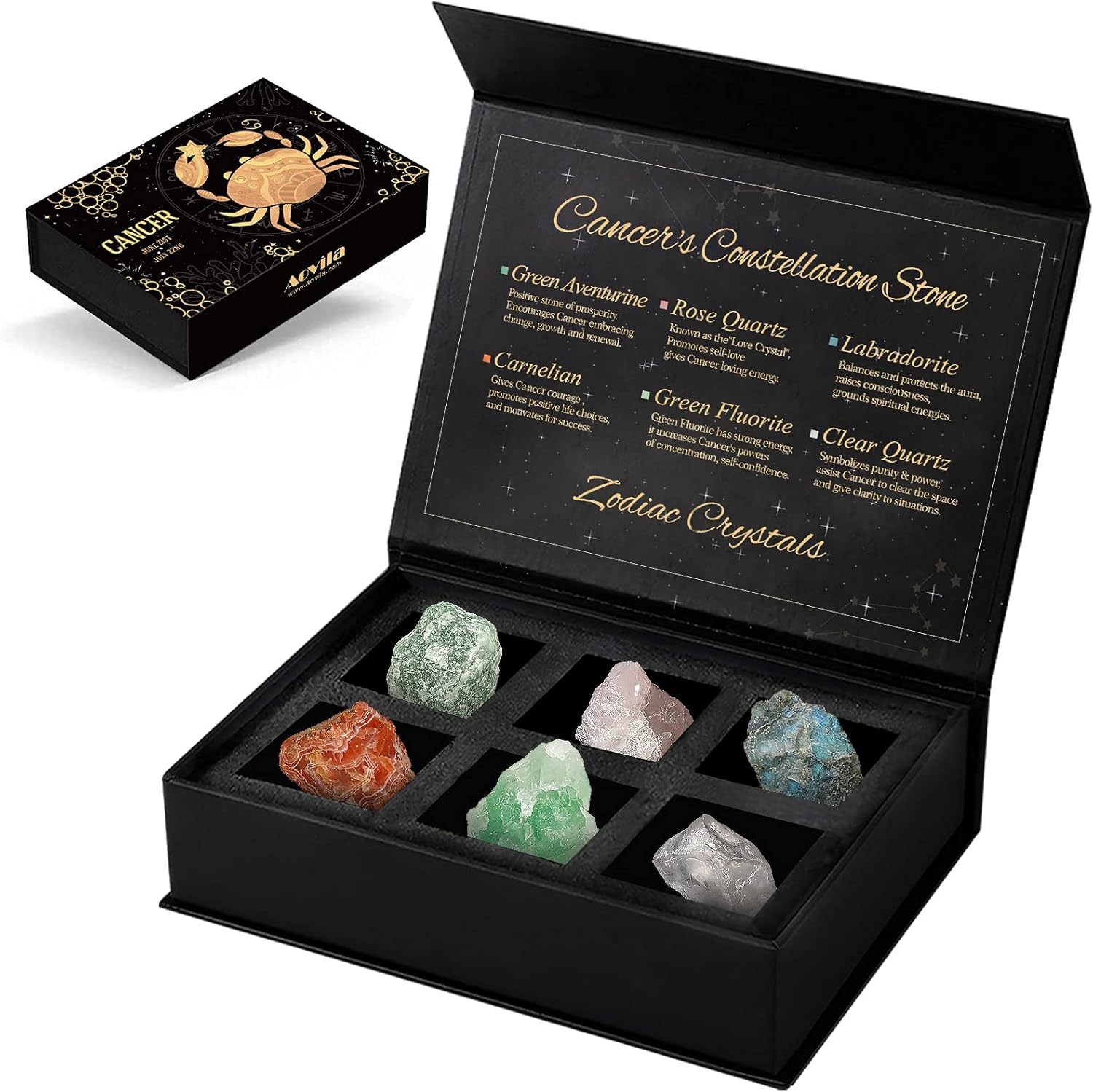 Aovila Cancer Crystals Gift Set, Zodiac Signs Healing Crystals Birthstones with Horoscope Box Set Cancer Astrology Crystals Healing Stones Gifts