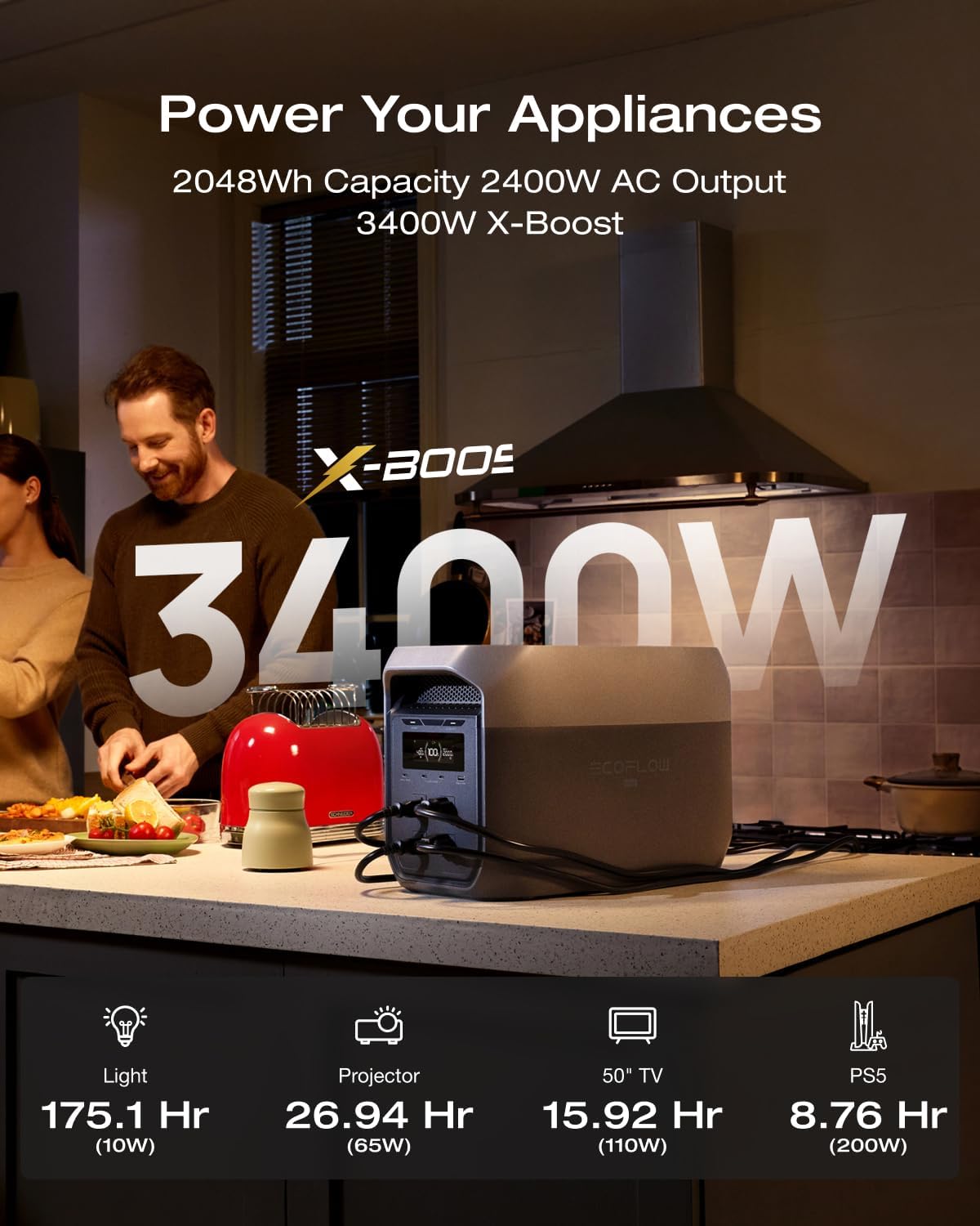 EF ECOFLOW Portable Power Station DELTA 3 Max, 2048Wh LiFePO4 Battery, Solar Generator (Solar Panel Optional), 3400W X-Boost Output, Ultra-Fast 0-80% Charging in 1.13 Hr, Home Backup & RV Camping - Image 3
