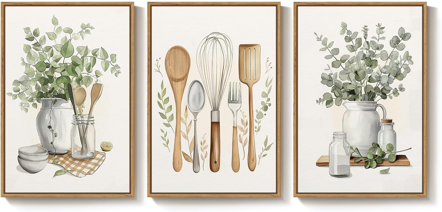 Framed Botanical Wall Art for Kitchen, 3 Piece Modern Farmhouse Sage Green Plant Canvas Painting Prints, Vintage Rustic Farmhouse Utensil Artwork for Kitchen Dining Room Coffee Bar Wall Decor, 16x24 - Image 9