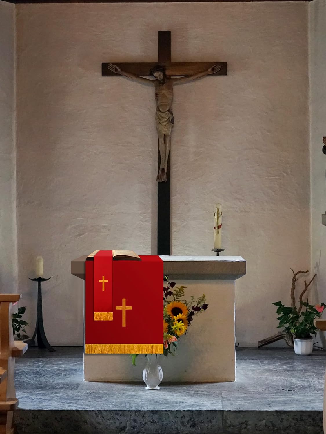 Cutecrop Set of 3 Reversible Parament Set Clergy Table Runner Bookmark Altar Cloth Pulpit Scarf with Gold Cross Church Pulpit Accessories for Christian Sanctuary Gift(Red and White) - Image 5