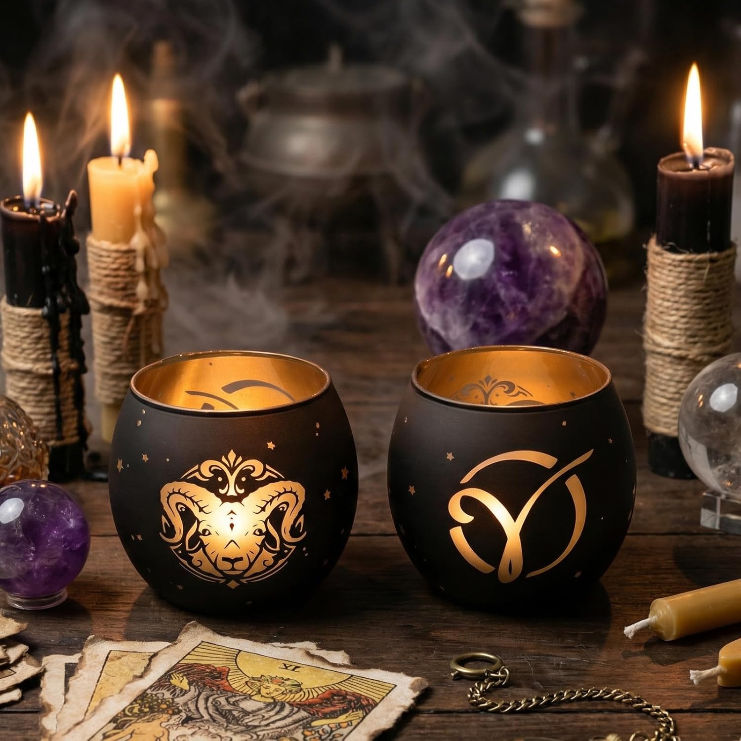 Aries Gifts for Women Men - Zodiac Candle Holder Set of 2, Laser Engraved Glass Tealight Candle Holder for Astrology Decor, Votive Candle Holder for Constellation Birthday Gifts, Black & Gold - Image 5