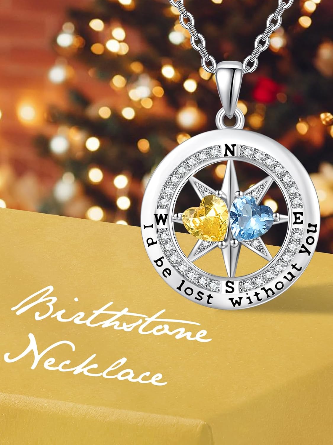 Compass Birthstones Necklace for Women, Exquisite S925 Necklace Anniversary Birthday Gifts for Wife Her Double Birthstone Pendant Jewelry ‘I'd be Lost Without You’ - Image 5