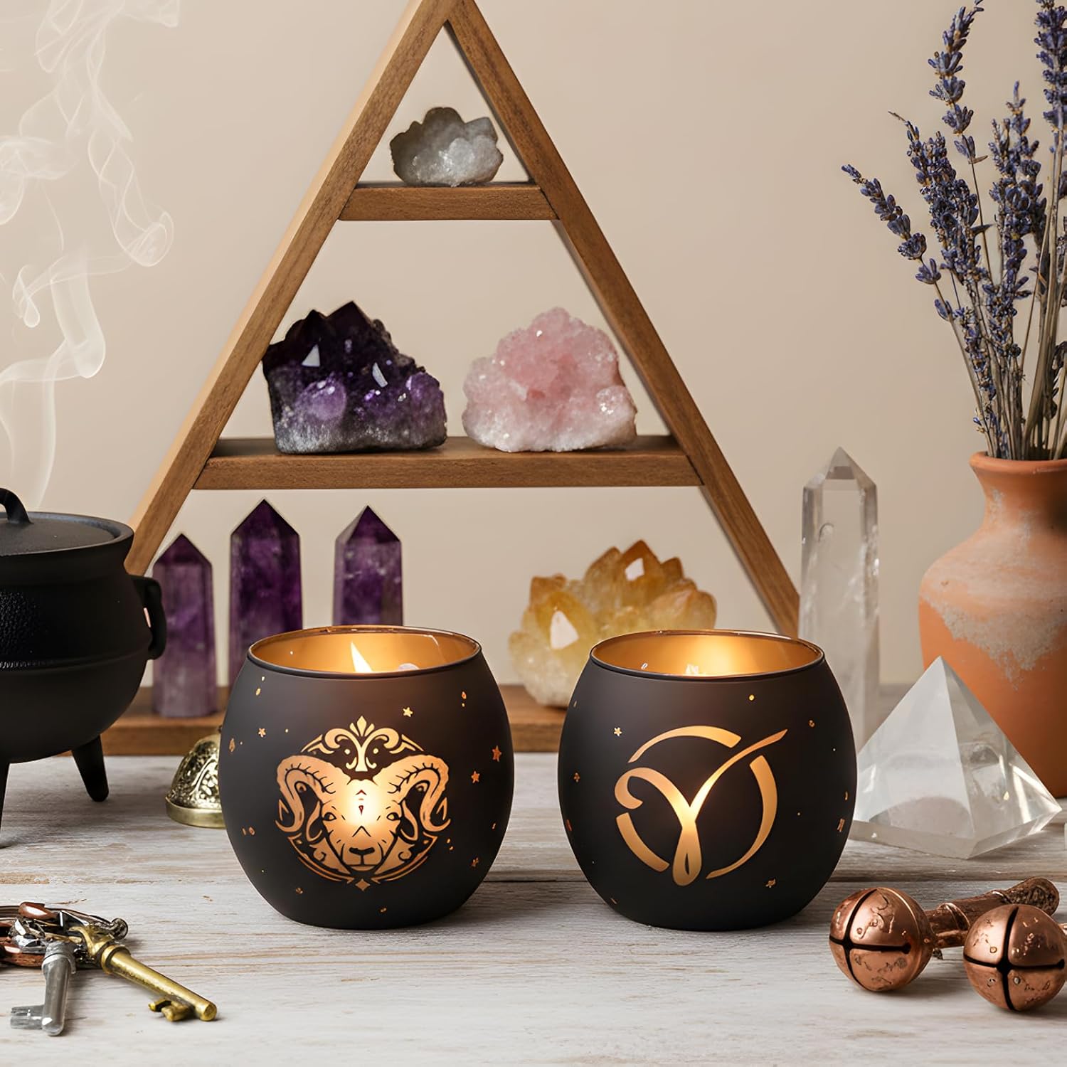 Aries Gifts for Women Men - Zodiac Candle Holder Set of 2, Laser Engraved Glass Tealight Candle Holder for Astrology Decor, Votive Candle Holder for Constellation Birthday Gifts, Black & Gold - Image 3
