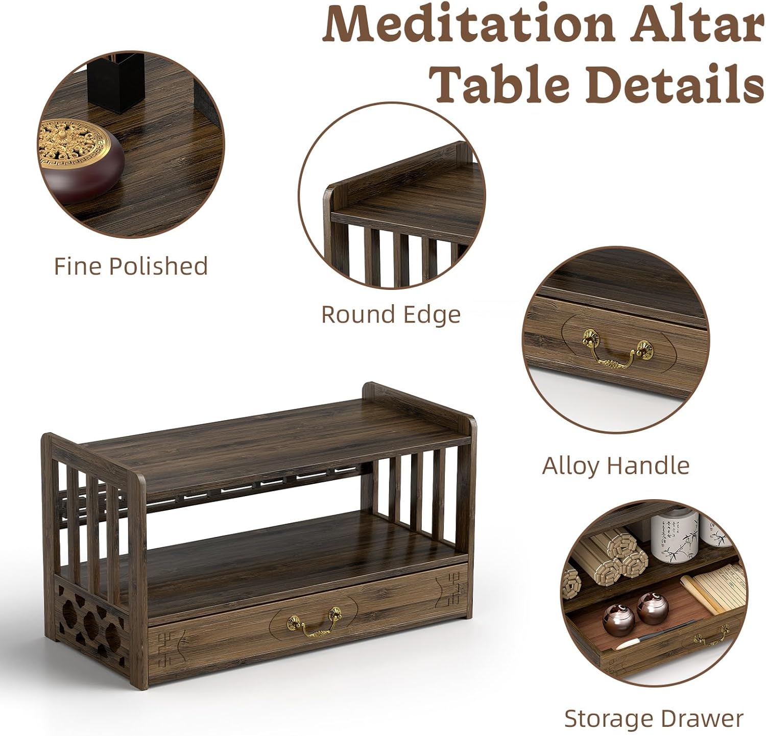 ikare Meditation Altar Table, Altar Table with Drawer, Puja Table for Home, Meditation Table for Prayers, Divination, Worship or Bamboo Furniture for Displaying Jars, Plants and Books (52cm) - Image 4