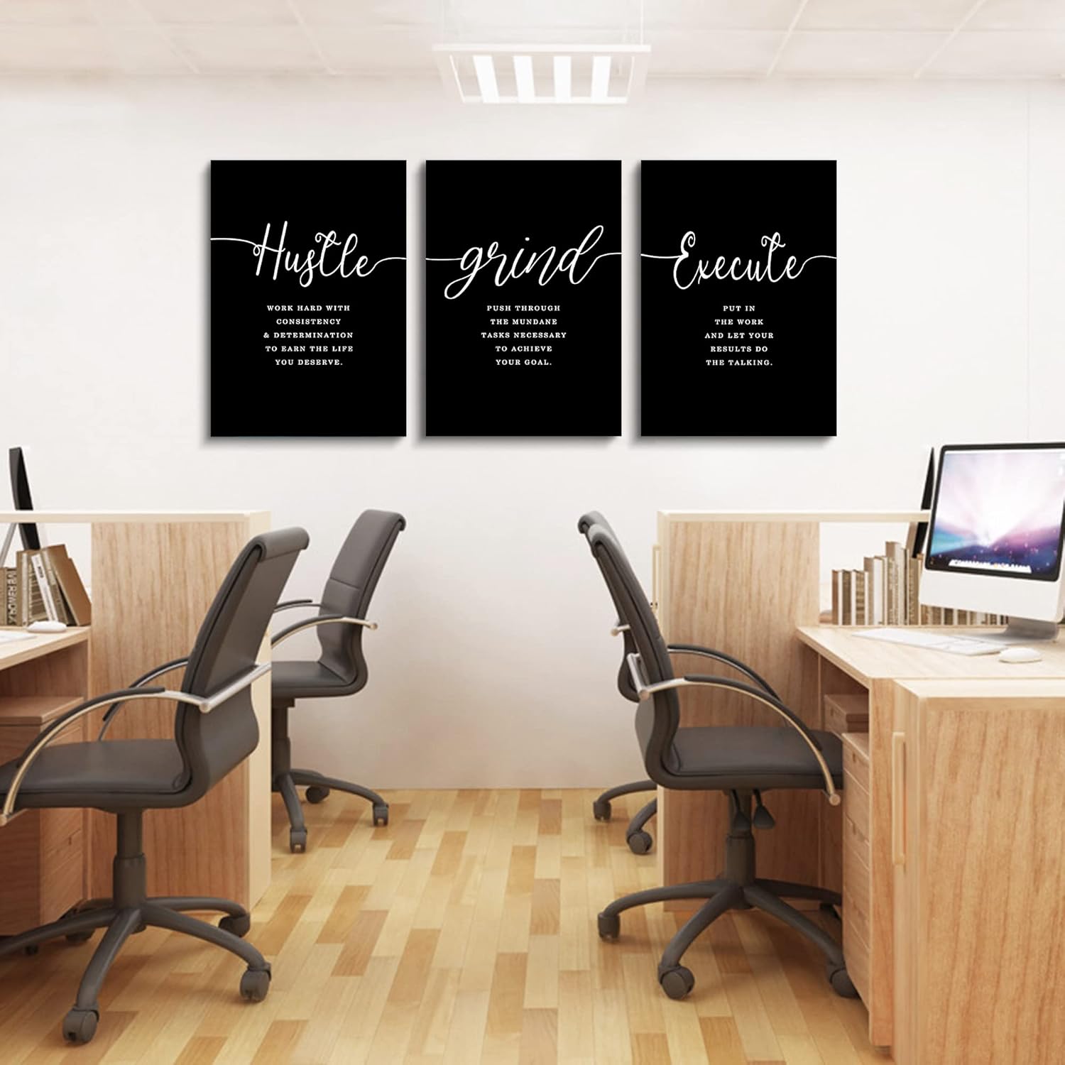 Office Decor - Hustle Quotes Execute Prints, Framed Canvas Wall Art Grind Quote, Office Wall Art, Black Large Poster, Positive MotivationalPrints, Inspirational Print (F-3pcs,12x16inchx3pcs) - Image 4