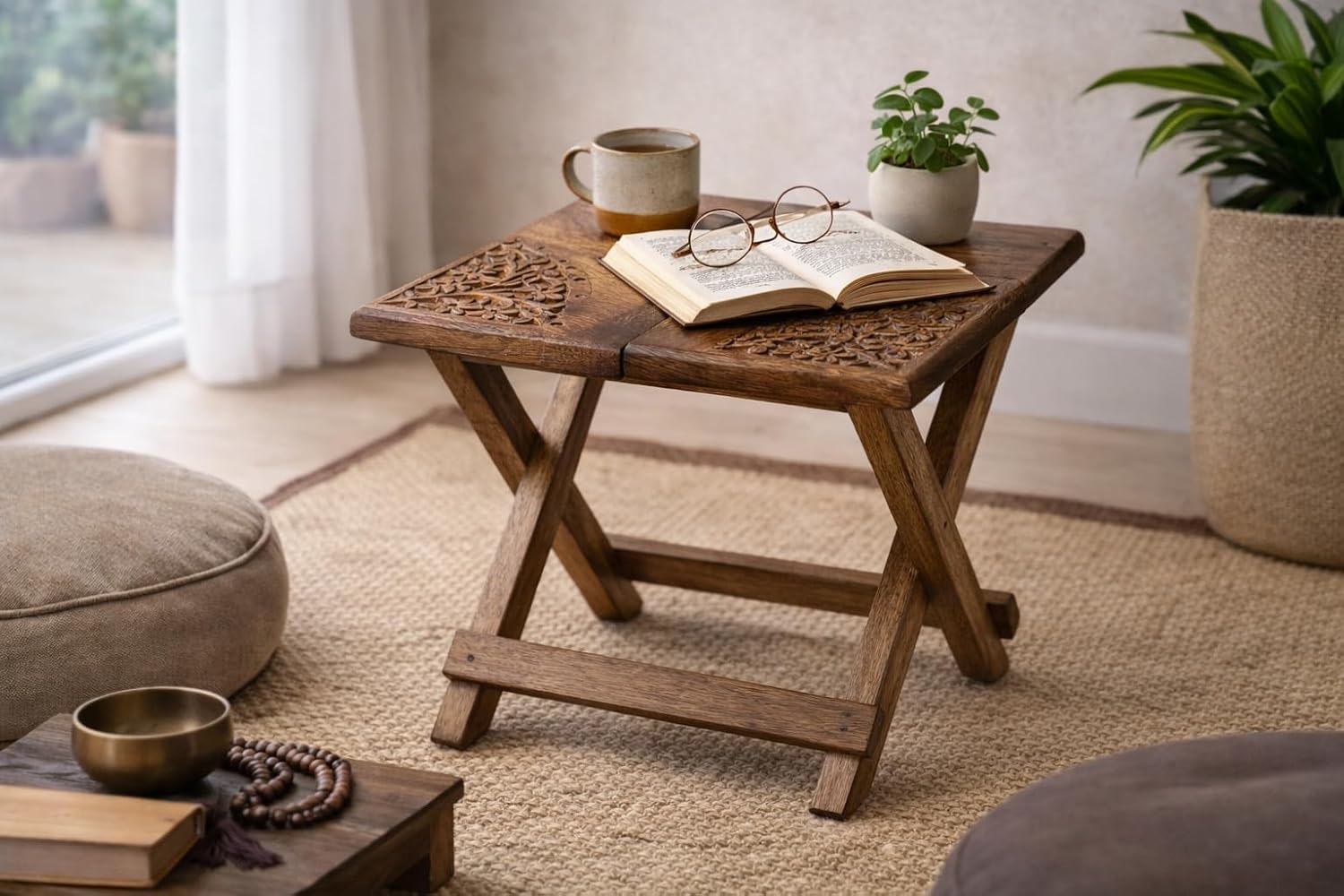 Tribe Azure Fair Trade Small Altar Table, Meditation Altar, Puja, Wood Wiccan Altar Table Buddhist, Tea Japanese, Small Low Side Table Dragon (Folding Small Floral) - Image 2