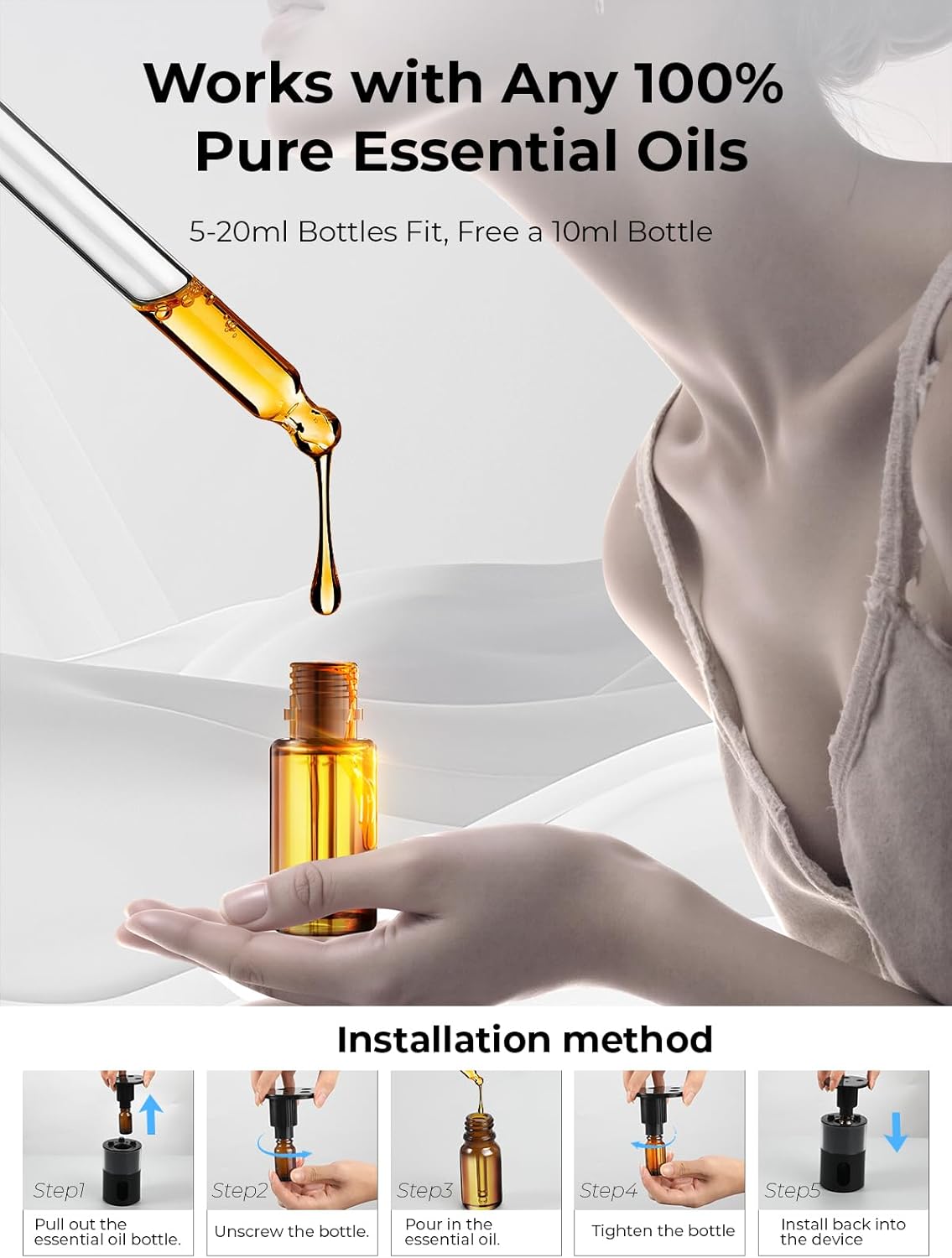 Waterless Essential Oil Diffuser: 𝟗 𝐂𝐨𝐥𝐨𝐫𝐬 𝐋𝐄𝐃 Scent Diffuser for Home&Car&Office - Portable Diffuser with 48H Battery, 4 Timers & 3 Mist Levels, Carbon Black - Image 9