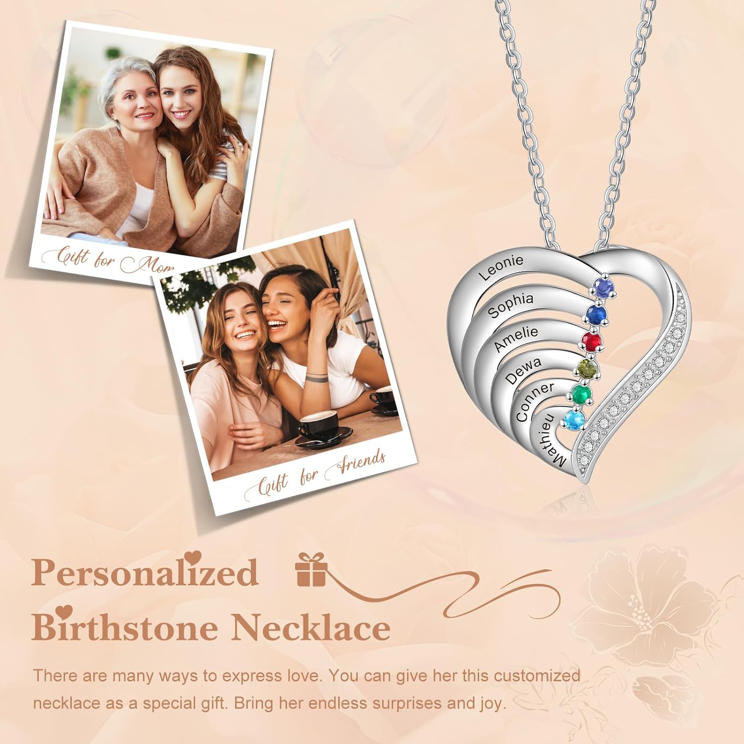 925 Sterling Silver Mother's Day Jewelry Gifts for Mom Mama Grandma — Custom Necklace with Up to 6 Birthstones & Engraved Names, Personalized Family Pendant Birthday Gifts - Image 4