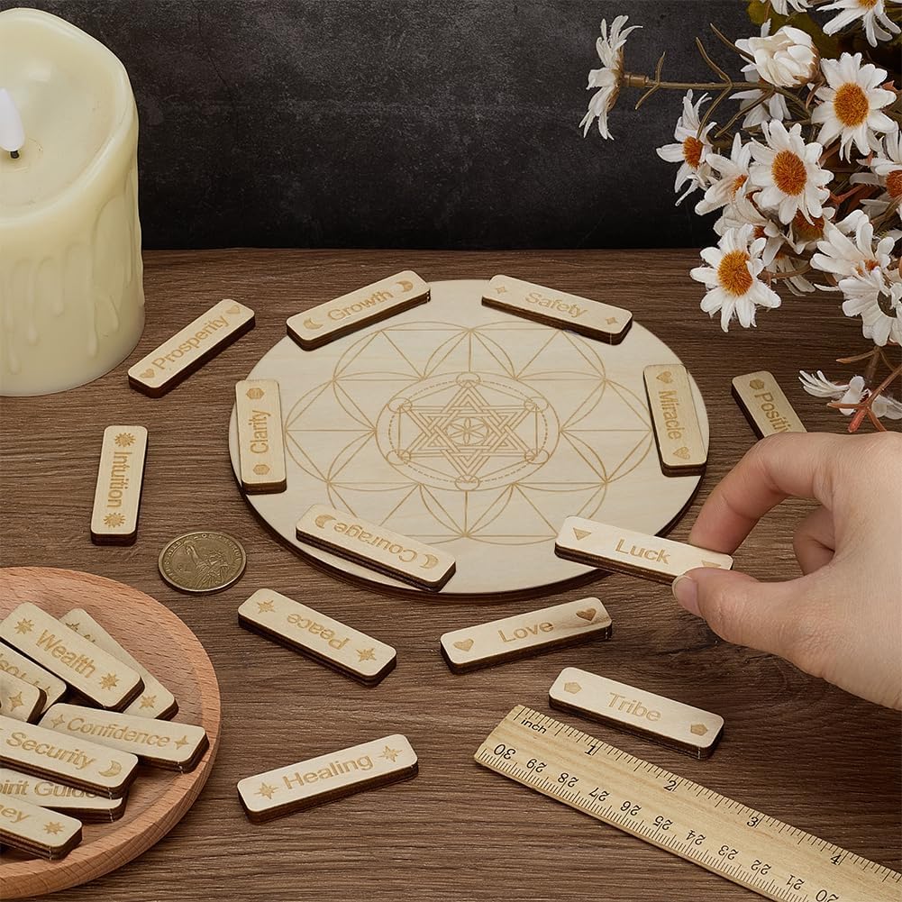FINGERINSPIRE Wooden Crystal Grid Board Set Large Round Plate with Sacred Geometry 25 Small Sticks Engraved with Inspirational Words Spiritual Wooden Plates for Energy Work Meditation Home Decoration - Image 3