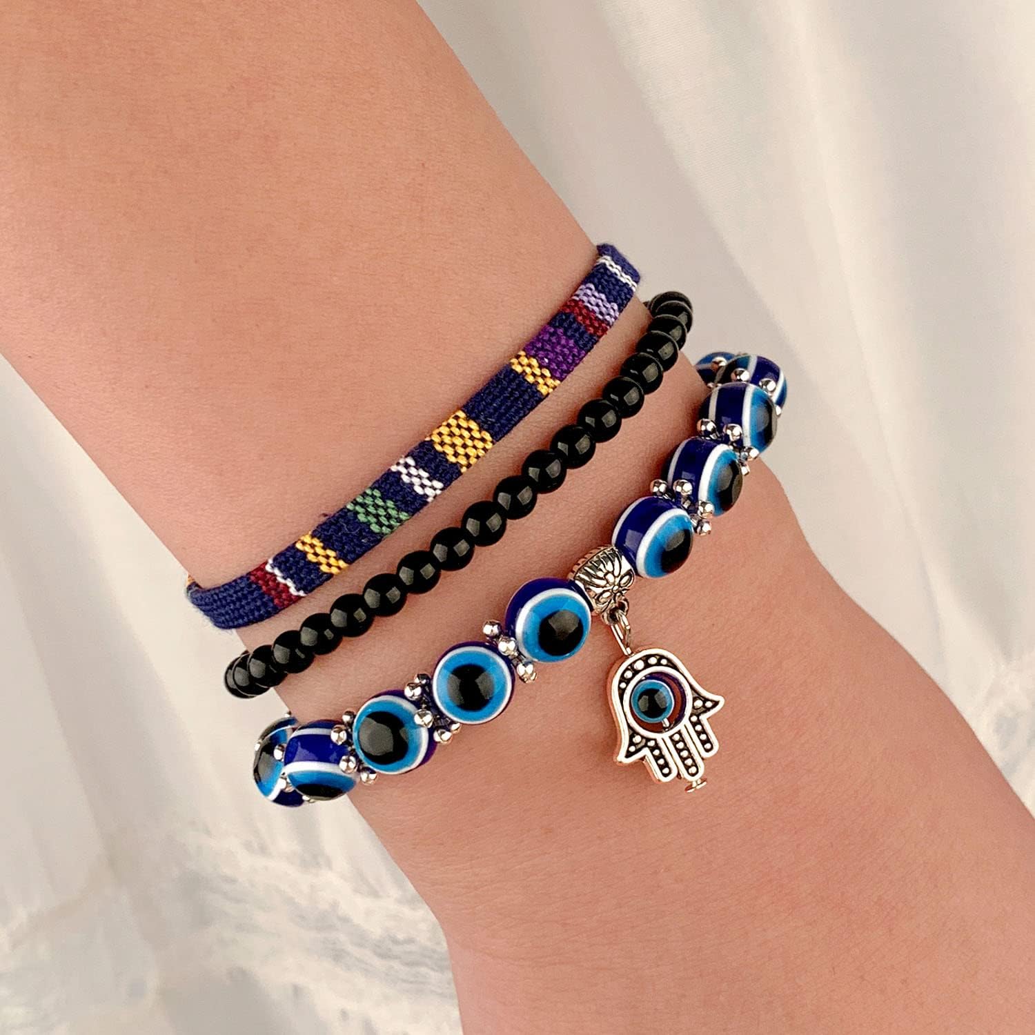SUMMER LOVE Handmade Evil Eye Jewelry Blue Beaded Charm Stretch Bracelet Evil Eye Bracelet for Women Men Teens - Image 3