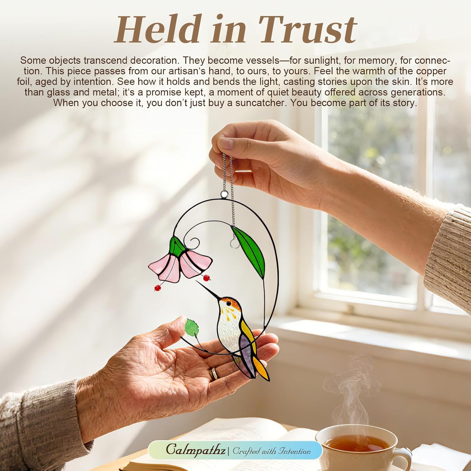 Handmade Tiffany Copper Foil Stained Glass Hummingbird Suncatcher - 8 Inch Real Glass Window Hanging with Flowers, Bird Safe Gift for Grandma, Mother, Women & Bird Lovers, Includes Suction Hooks - Image 6