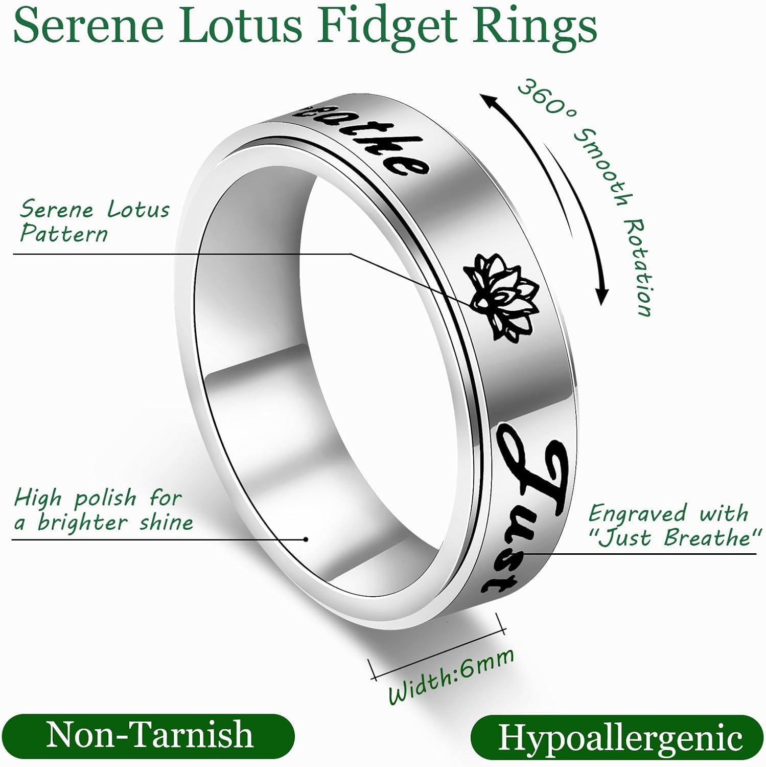 Serene Lotus Fidget Ring: Just Breathe Anxiety Spinner Ring for Women, Floral Pattern Rotating Band for Calm & Focus, 18K Gold Plated Stainless Steel Jewelry Gift - Image 2