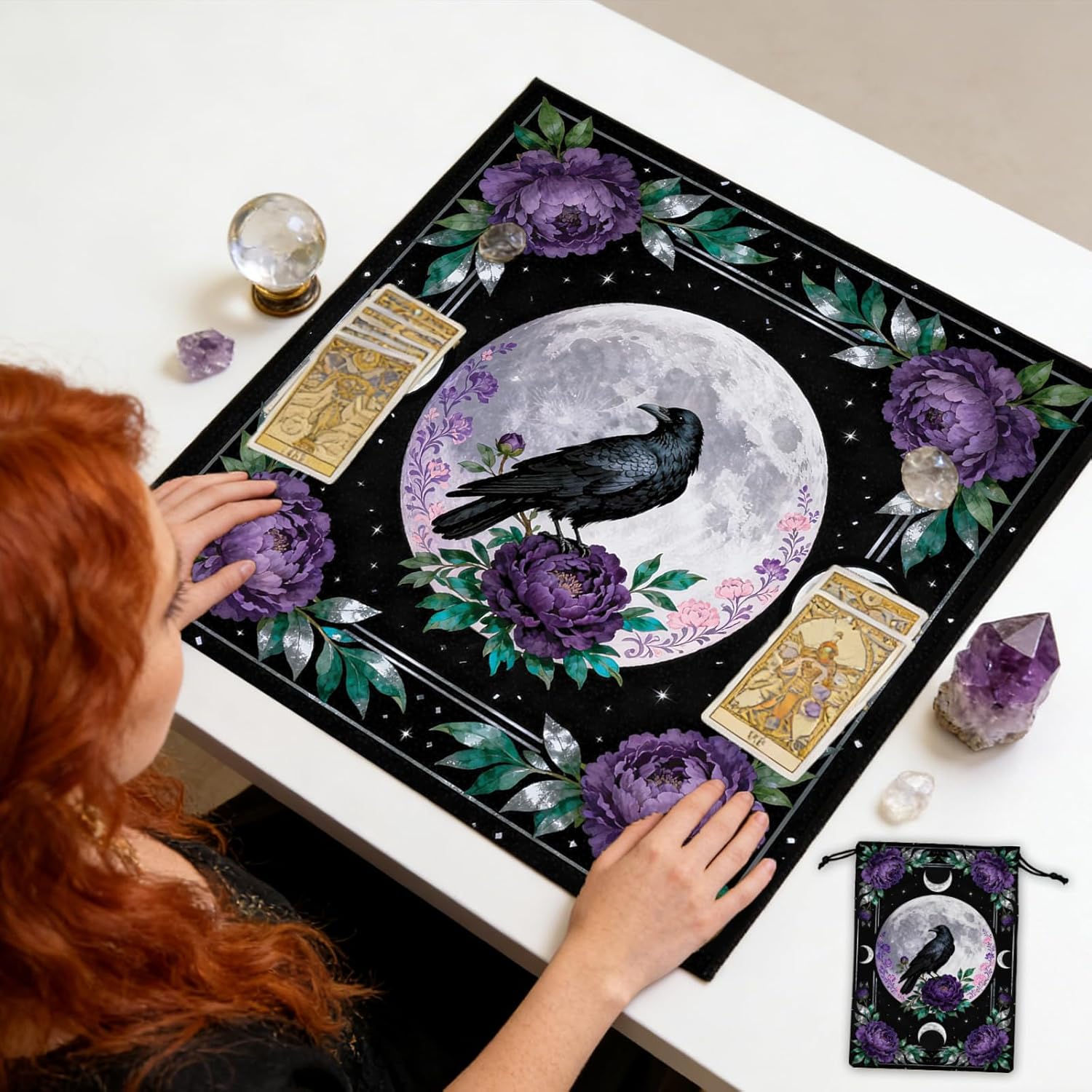 GLOBLELAND Crow Moon Tarot Cloth with Tarot Card Storage Bag Purple Peony Flower Square Velvet Tarots Tablecloth for Divination Wiccan Witchcraft Supplies Tool - Image 7