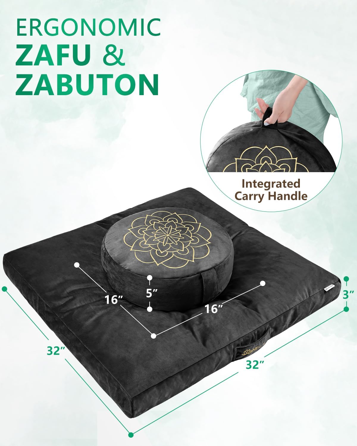 Hihealer Meditation Cushion Set Large Velvet Floor Pillow & Traditional Tibetan Yoga Bolster for Adults Zafu Meditation Mat with Buckwheat Filling (Black) - Image 7