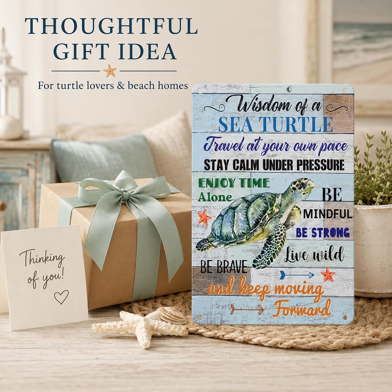 Wisdom of a Sea Turtle & Walk in My Shoes Inspirational Metal Sign Set, 8x12 Inch Vintage Quote Wall Art for Coastal Farmhouse & Home Decor - Image 4