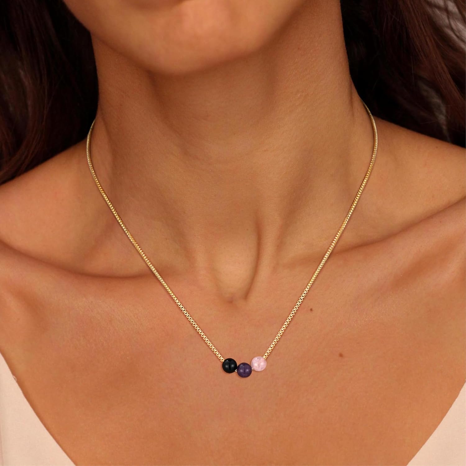 Healing Crystal Necklace for Women 14k Plated Gold Beaded Necklace Anxiety Relief Triple Protection Amethyst Gifts for Friends Sister Mom Daughter Jewelry - Image 4