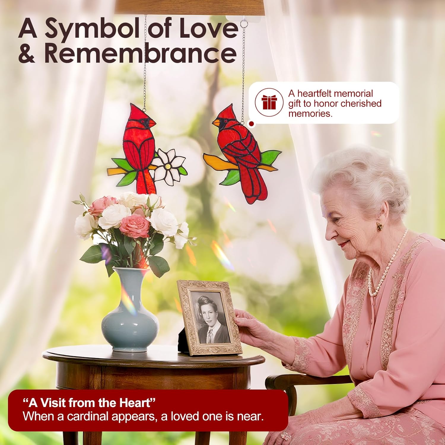 2 Pcs Cardinal Stained Glass Window Hanging Suncatchers, Sympathy Gifts for Loss of Loved One, Unique Nana Grandma Memorial Gift, Bird Decor & Christmas Ornament (6 Inch) - Image 2