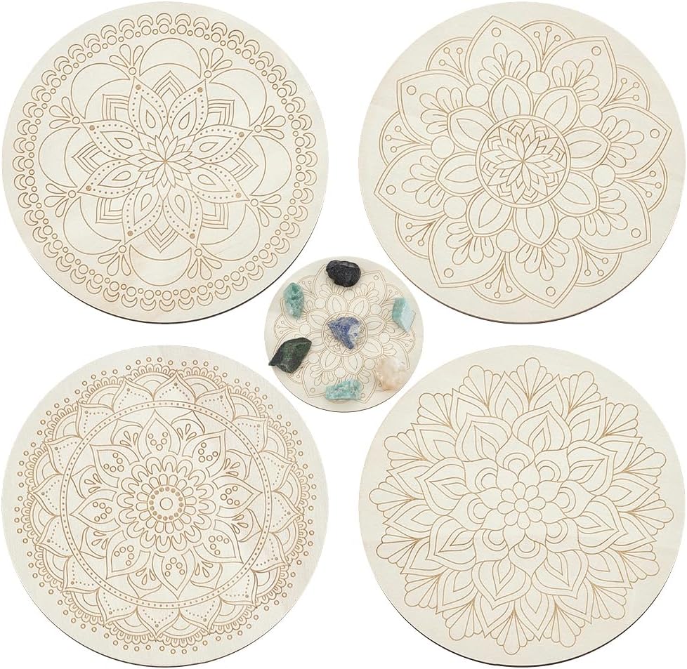 ORIGACH 4 PCS Wooden Crystal Grid Board, Round Mandala Energy Grids Board, Metatron's Cube Crystal Plate for Witchcraft Wiccan Altar Ritual Sacred Space Decor, 5.9Inch Diameter