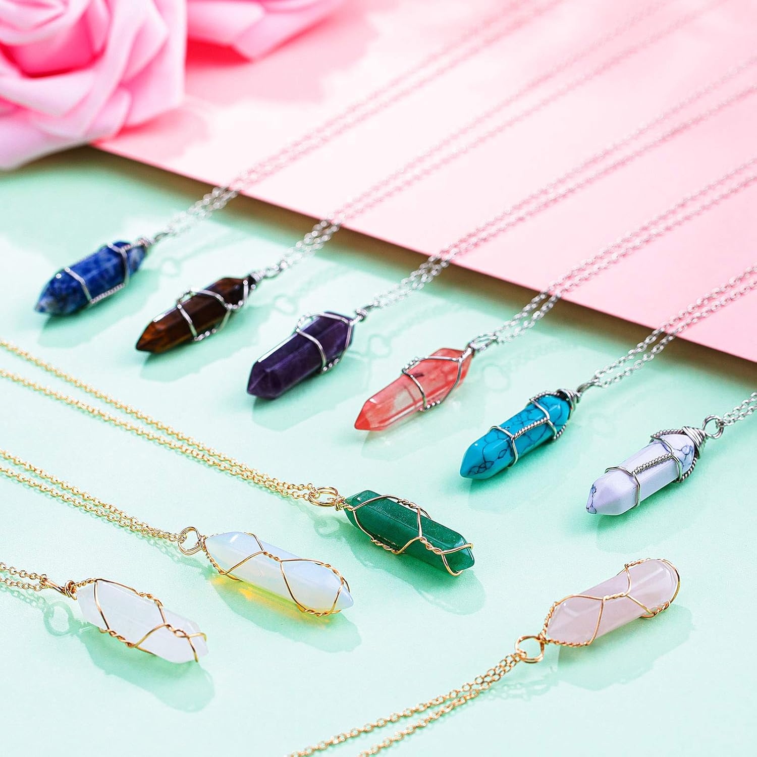 10 Pieces Hexagonal Crystal Pendant Necklace, Natural Quartz Stone Pendant Necklace, Healing Crystal Full Wire Wrap Gemstone Necklace for Women Girls - Image 4