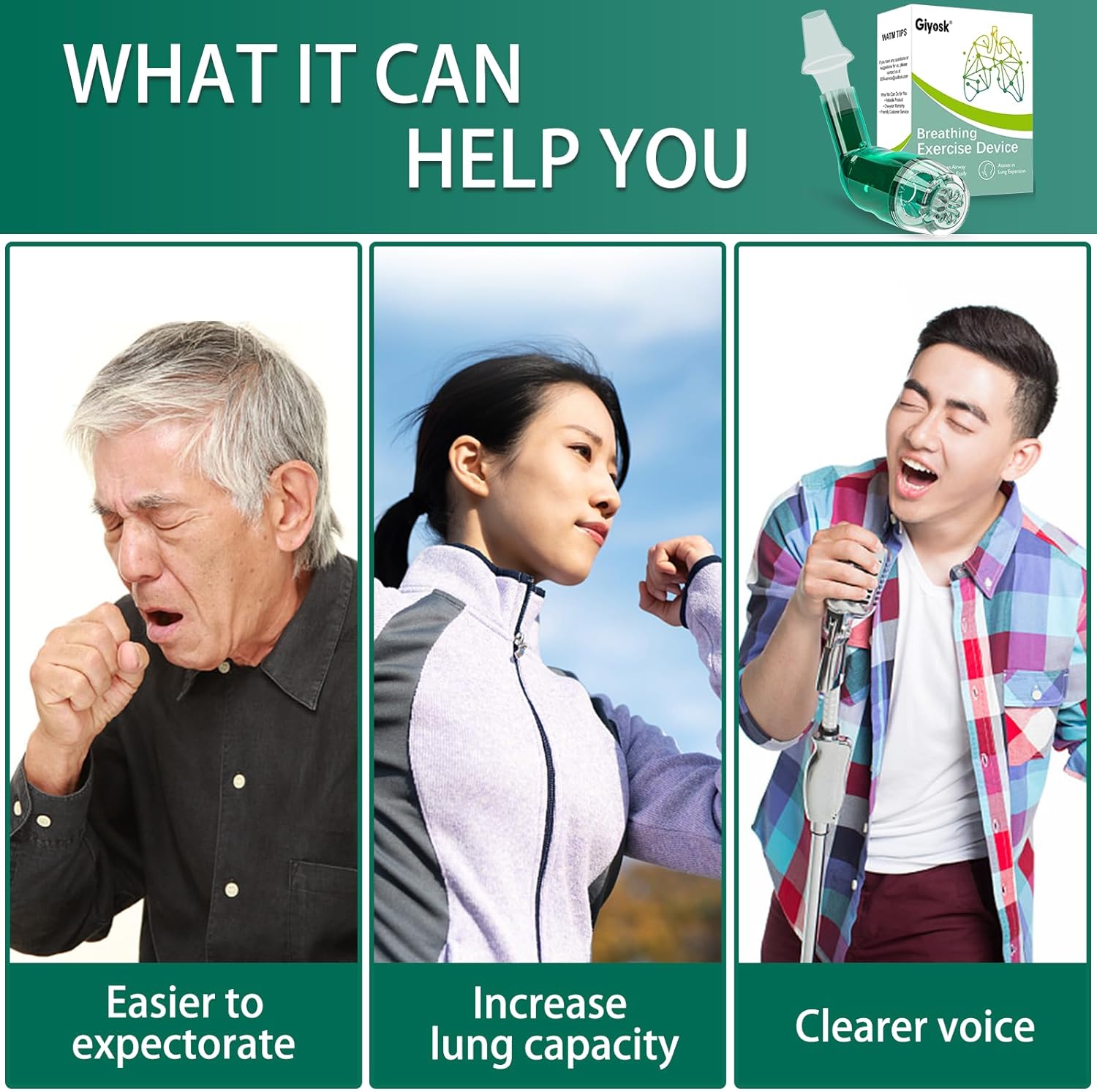 Giyosk Breathing Exercise Device for Lungs, Lung Expansion and Mucus Relief Device, Portable Expiratory Breathing Exerciser with A Set of Accessories, Breathing Trainer for Lung Cleanse(Green) - Image 8